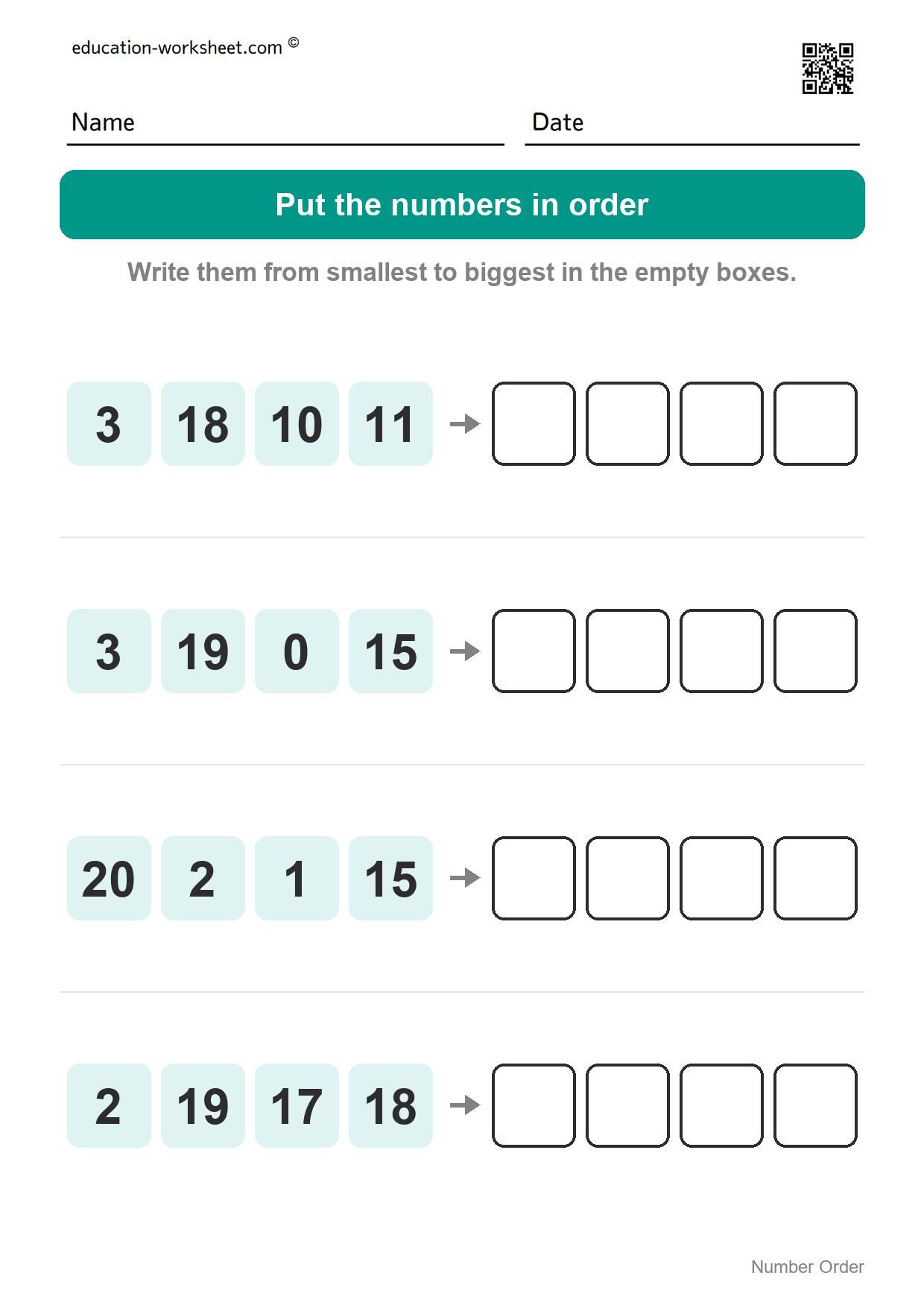 Number order - smallest to biggest (Set 5) - Free Number Order Worksheets for Kindergarten - Ordering Numbers 1 to 20