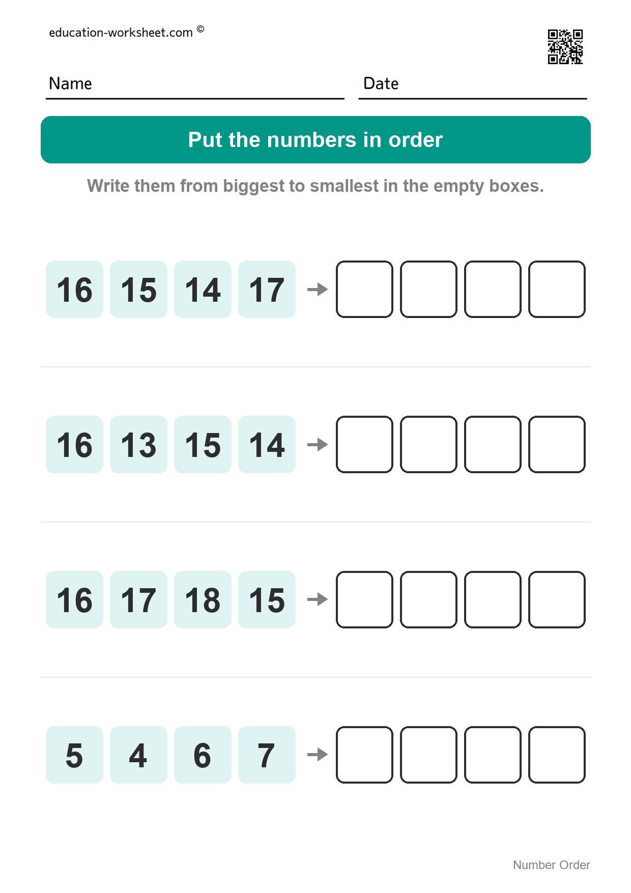 Number order - biggest to smallest (Set 6) - Free Number Order Worksheets for Kindergarten - Ordering Numbers 1 to 20