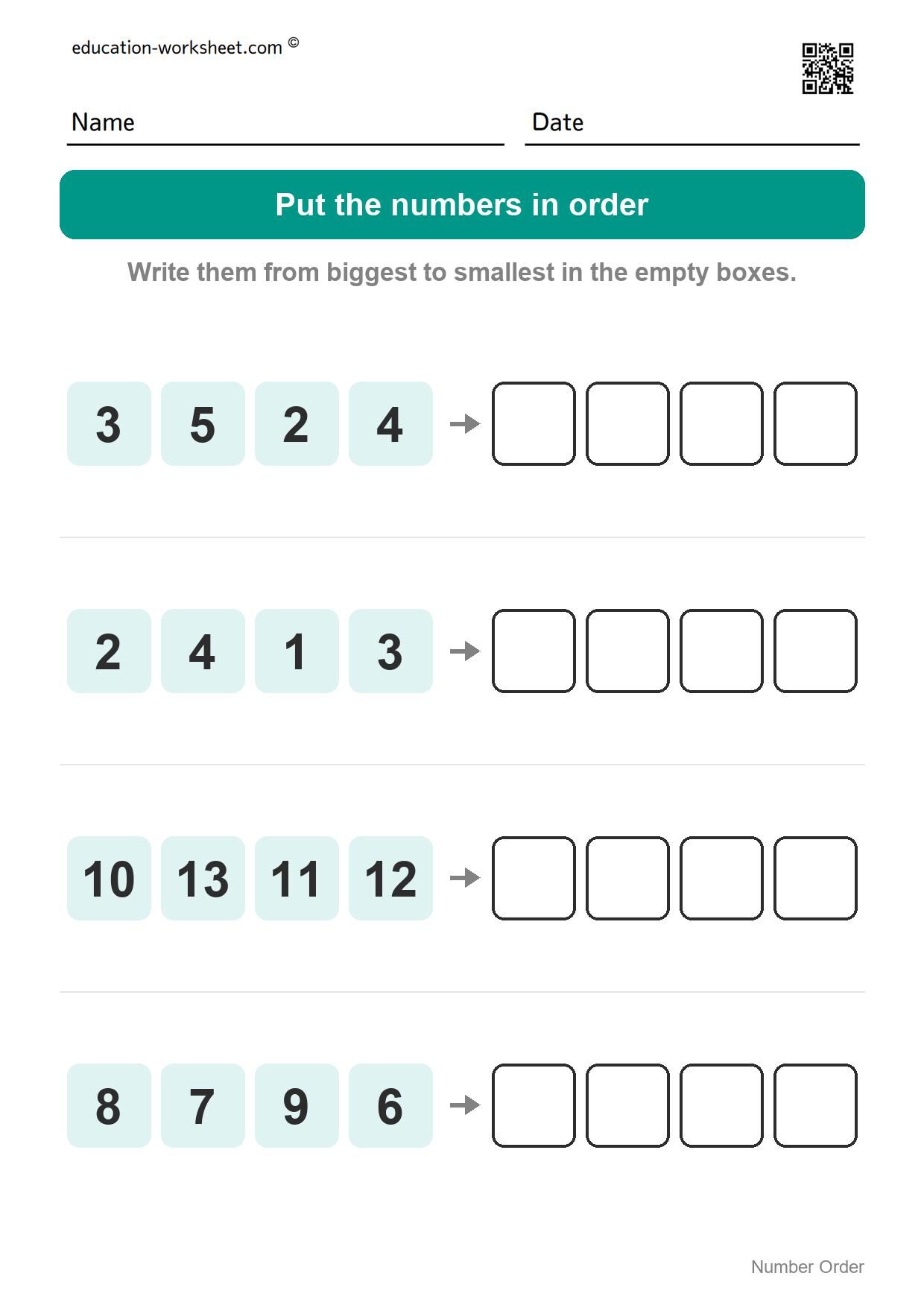 Number order - biggest to smallest (Set 7) - Free Number Order Worksheets for Kindergarten - Ordering Numbers 1 to 20