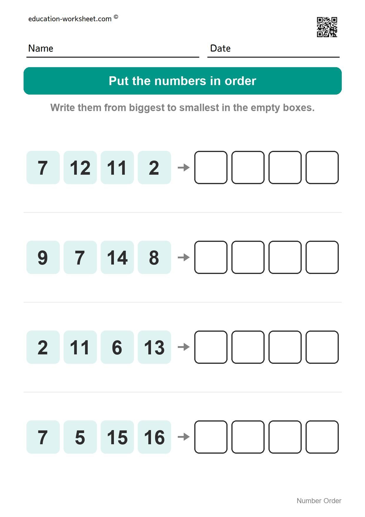 Number order - biggest to smallest (Set 8) - Free Number Order Worksheets for Kindergarten - Ordering Numbers 1 to 20