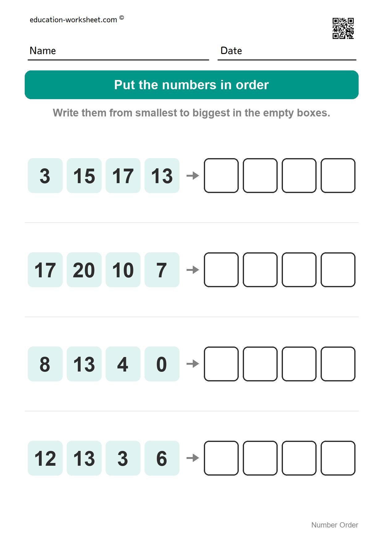 Number order - smallest to biggest (Set 9) - Free Number Order Worksheets for Kindergarten - Ordering Numbers 1 to 20
