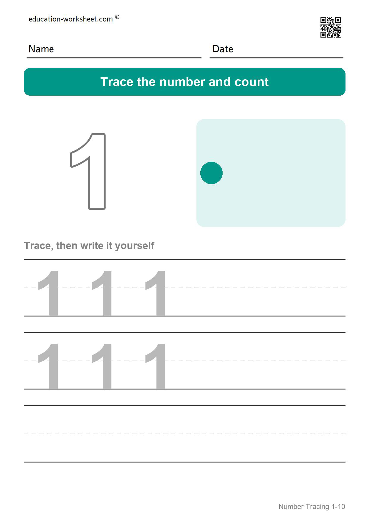 Trace number 1 - Free Number Tracing Worksheets 1-10 for Kindergarten
