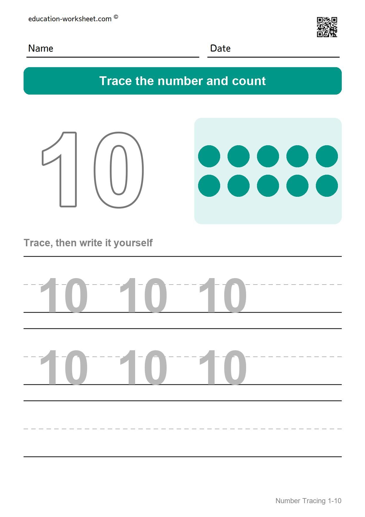 Trace number 10 - Free Number Tracing Worksheets 1-10 for Kindergarten