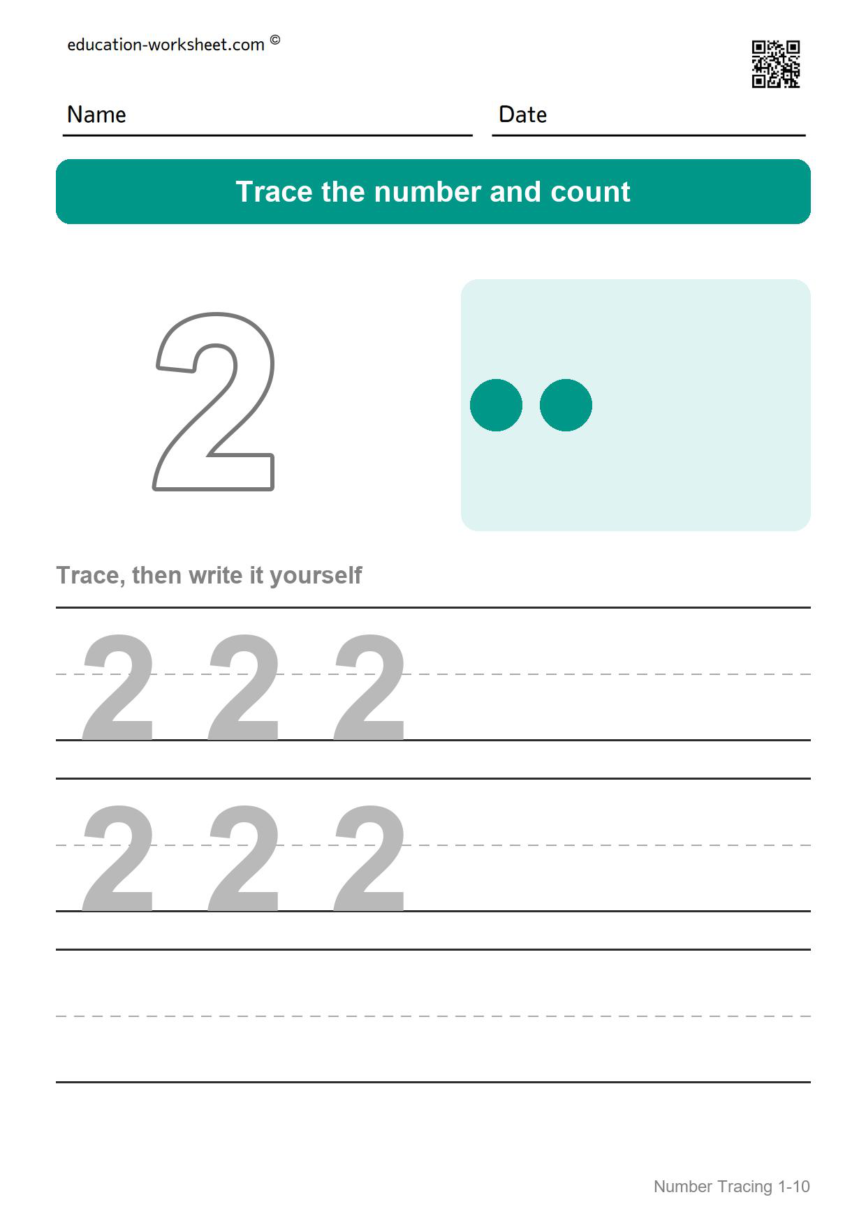Trace number 2 - Free Number Tracing Worksheets 1-10 for Kindergarten