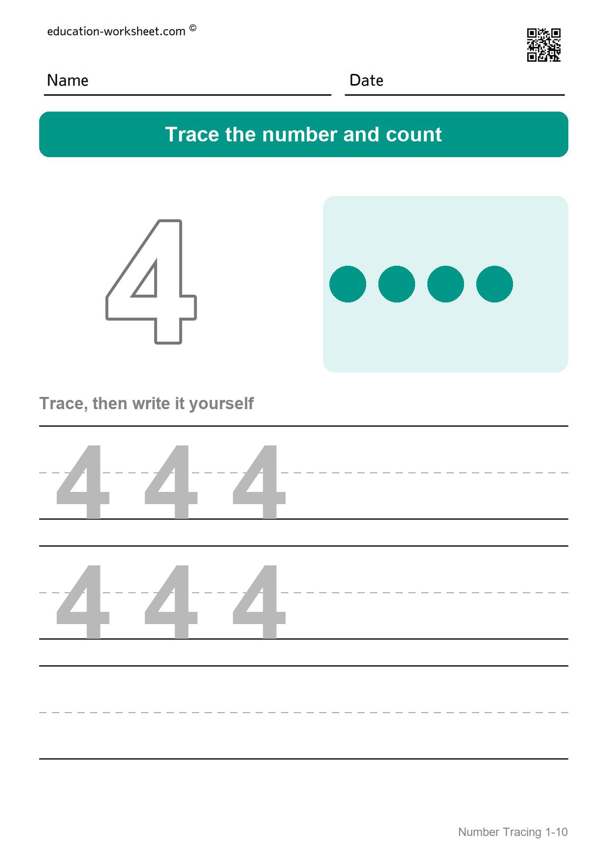 Trace number 4 - Free Number Tracing Worksheets 1-10 for Kindergarten