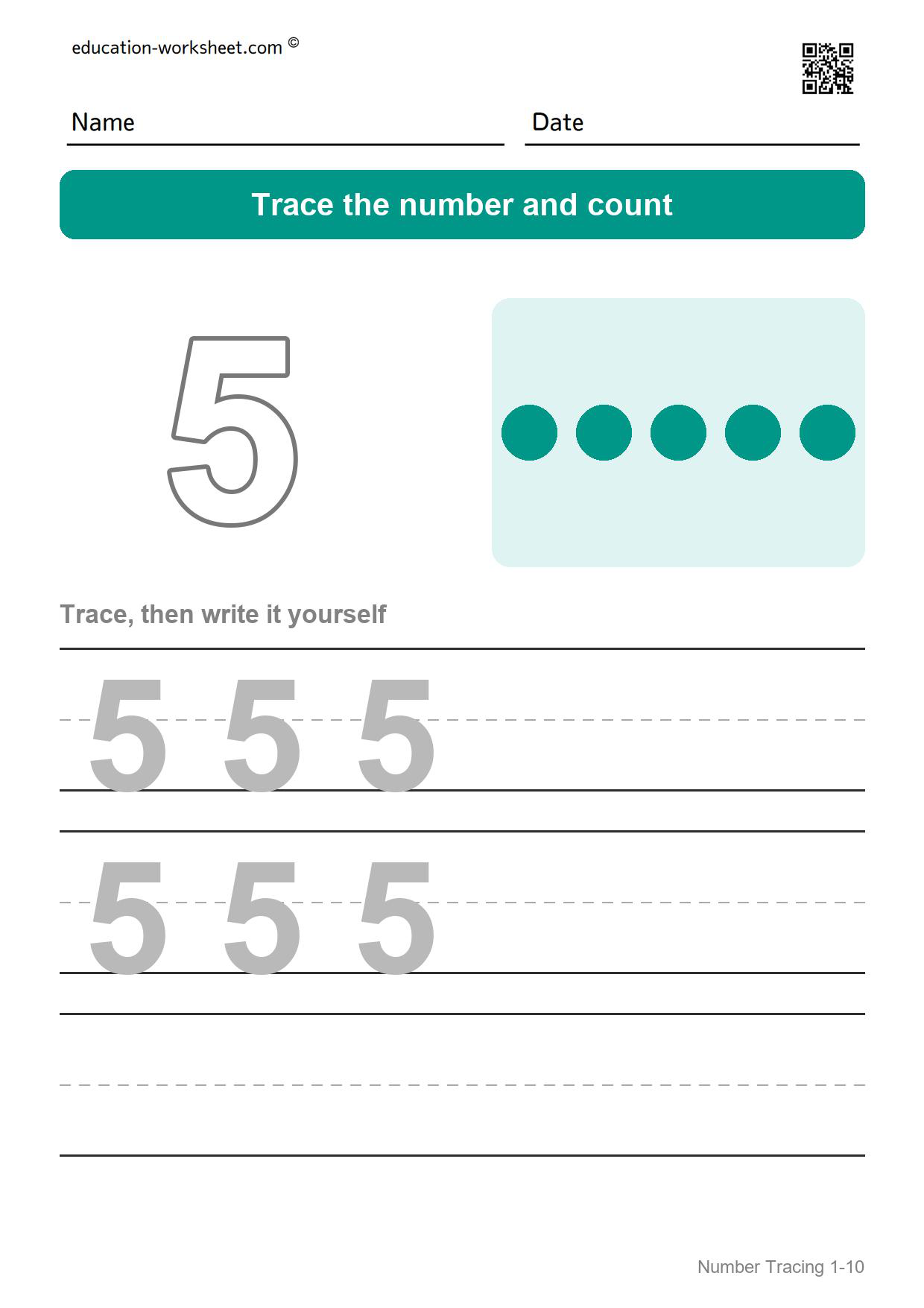 Trace number 5 - Free Number Tracing Worksheets 1-10 for Kindergarten