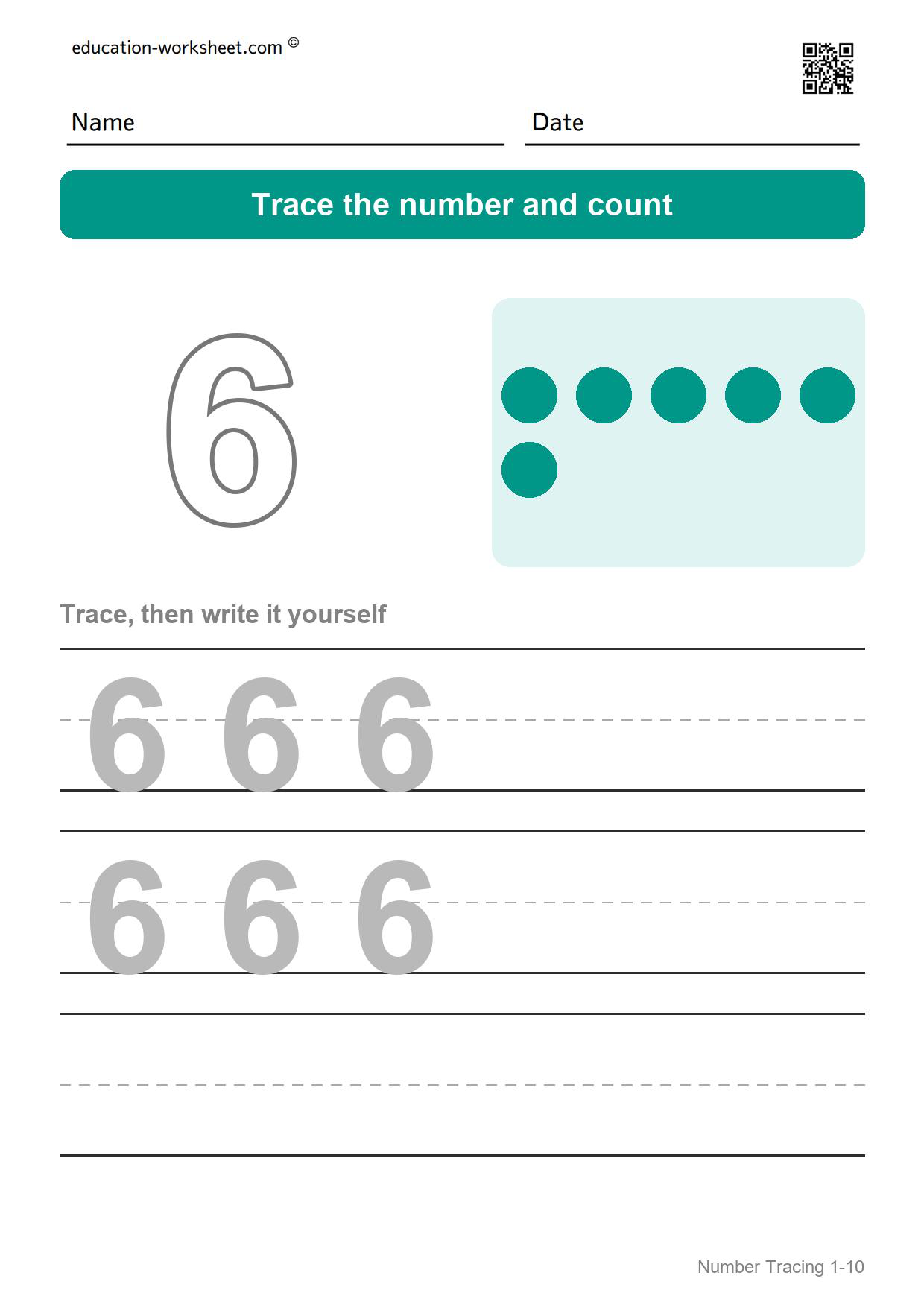 Trace number 6 - Free Number Tracing Worksheets 1-10 for Kindergarten