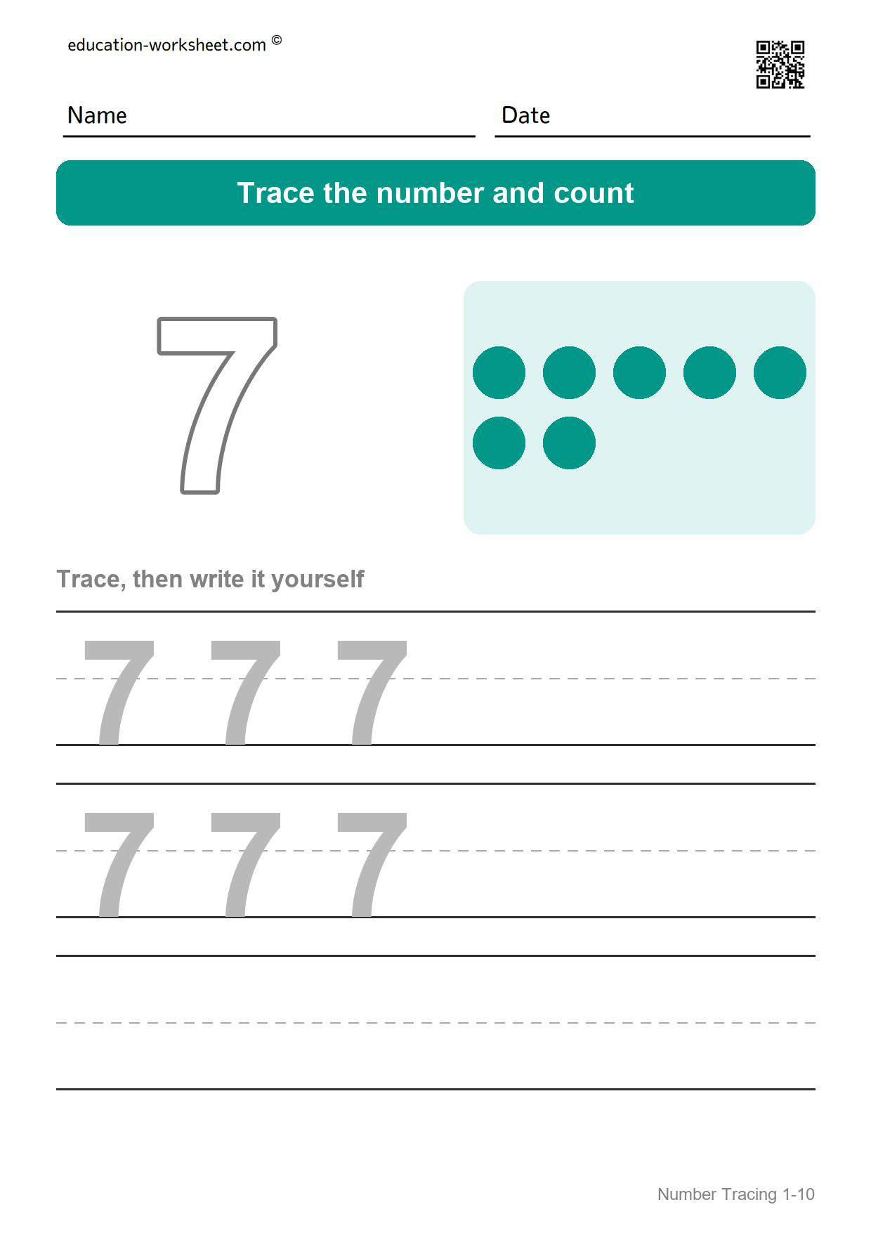Trace number 7 - Free Number Tracing Worksheets 1-10 for Kindergarten