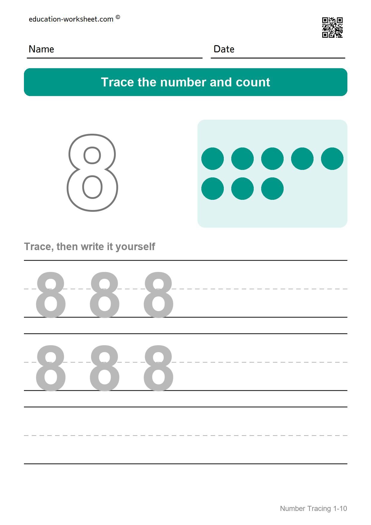 Trace number 8 - Free Number Tracing Worksheets 1-10 for Kindergarten