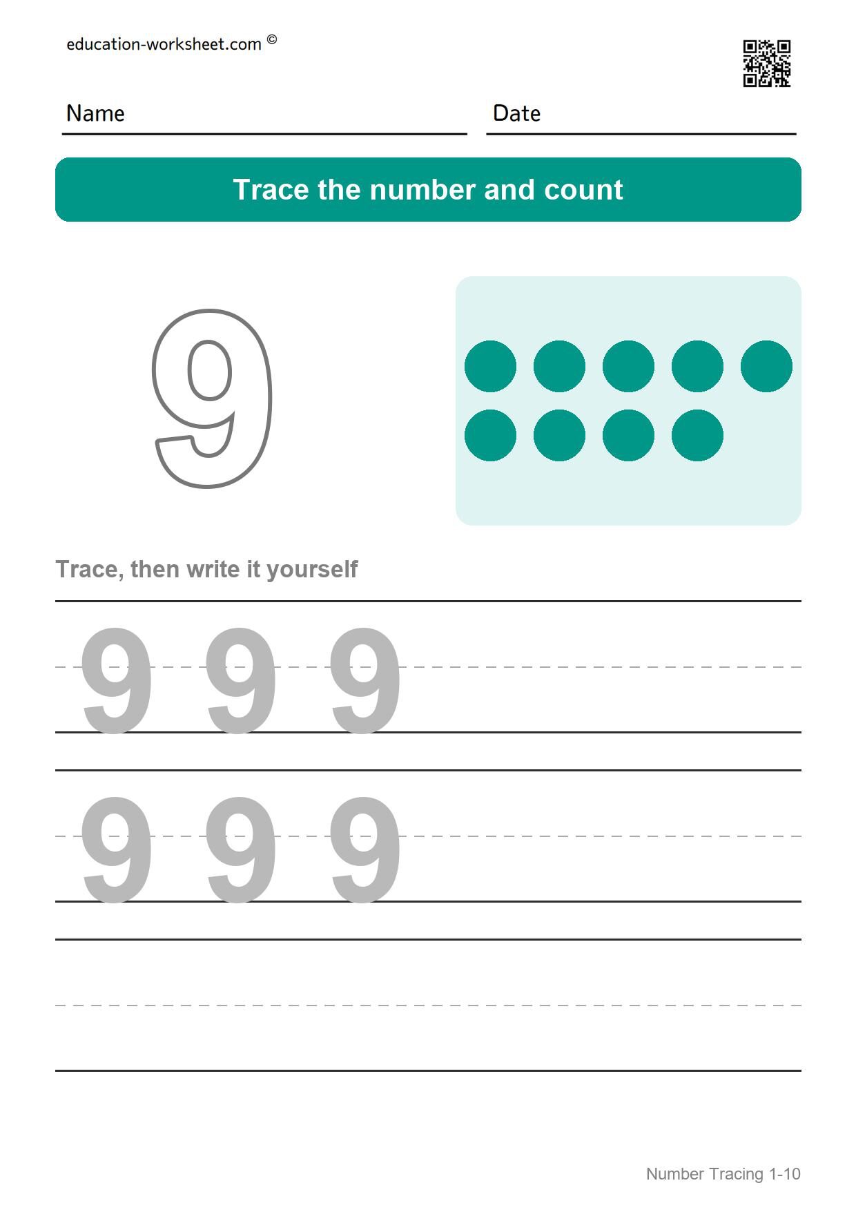 Trace number 9 - Free Number Tracing Worksheets 1-10 for Kindergarten