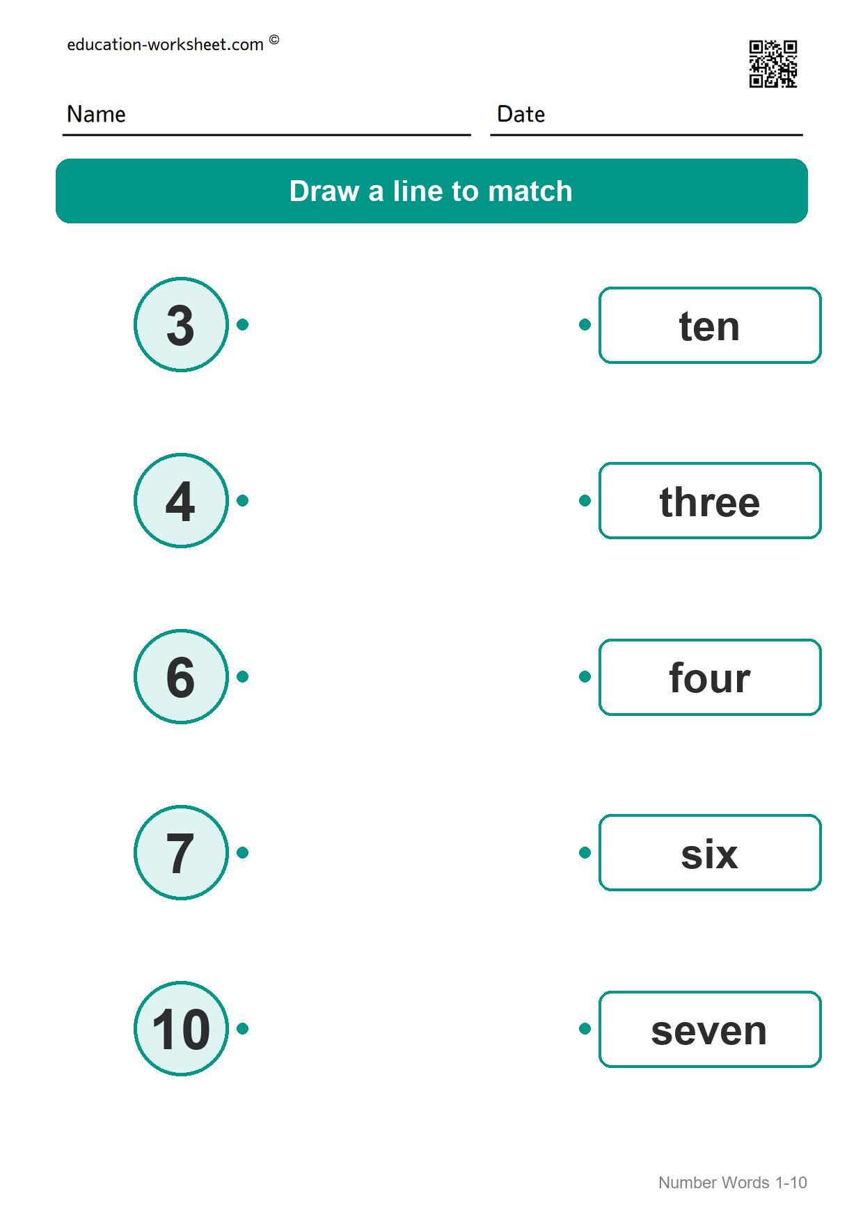 Match numbers and words (Set 1) - Free Number Words Worksheets for Kindergarten - Match Numbers 1 to 10