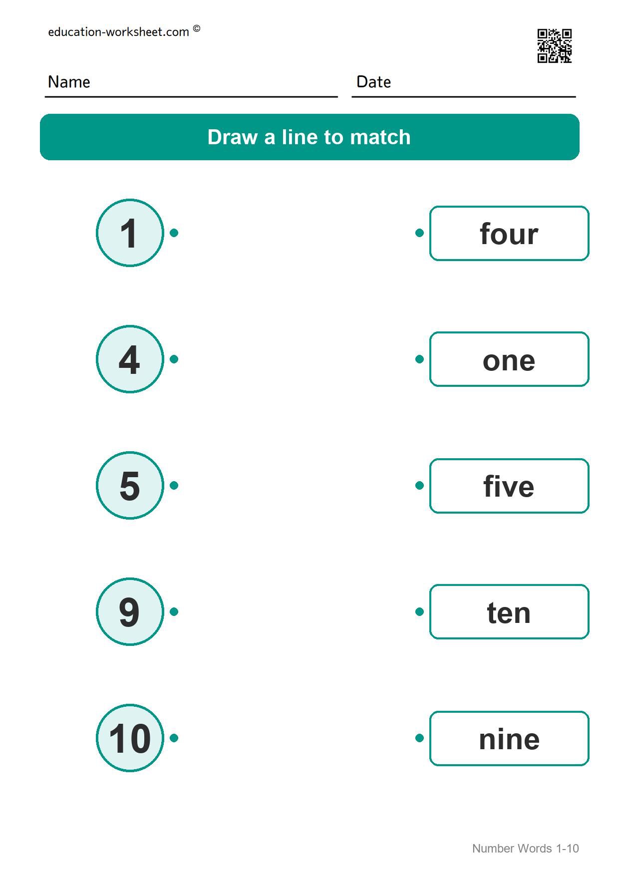 Match numbers and words (Set 10) - Free Number Words Worksheets for Kindergarten - Match Numbers 1 to 10