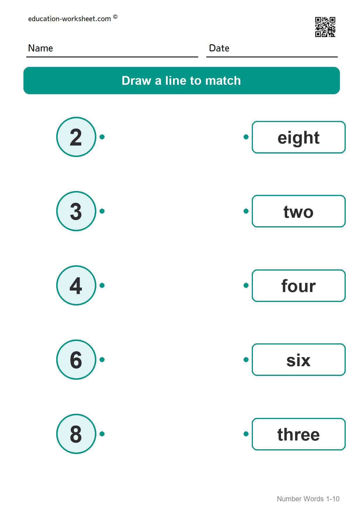Match numbers and words (Set 2) - Free Number Words Worksheets for Kindergarten - Match Numbers 1 to 10