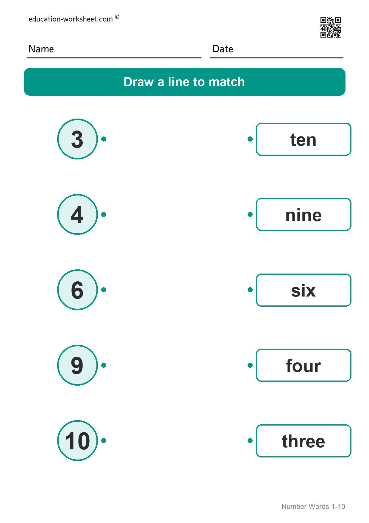 Match numbers and words (Set 3) - Free Number Words Worksheets for Kindergarten - Match Numbers 1 to 10