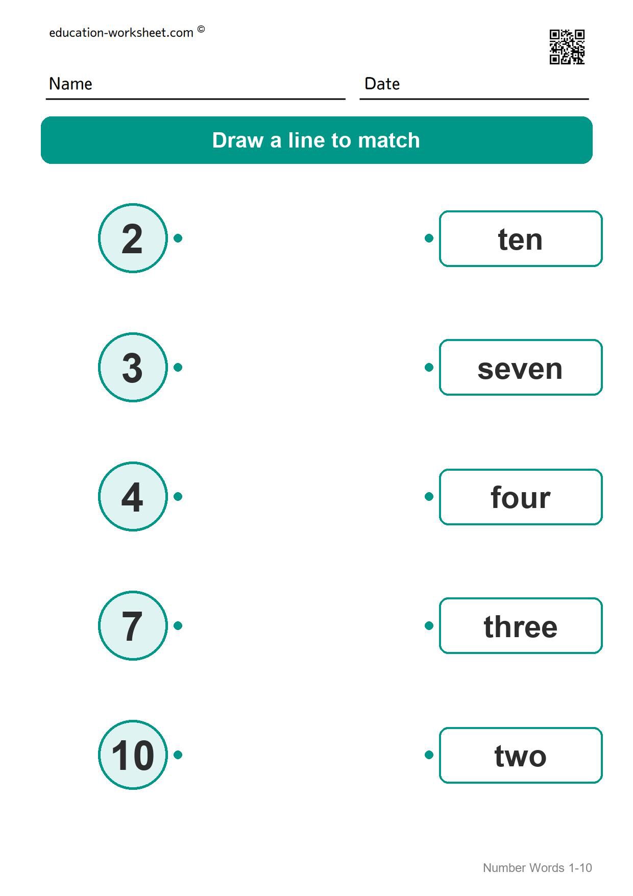 Match numbers and words (Set 4) - Free Number Words Worksheets for Kindergarten - Match Numbers 1 to 10