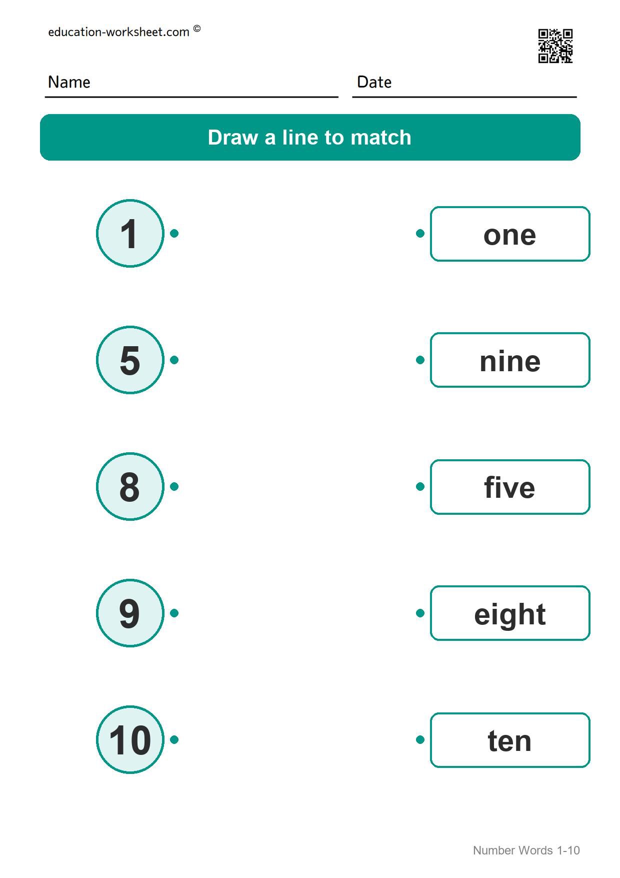 Match numbers and words (Set 5) - Free Number Words Worksheets for Kindergarten - Match Numbers 1 to 10