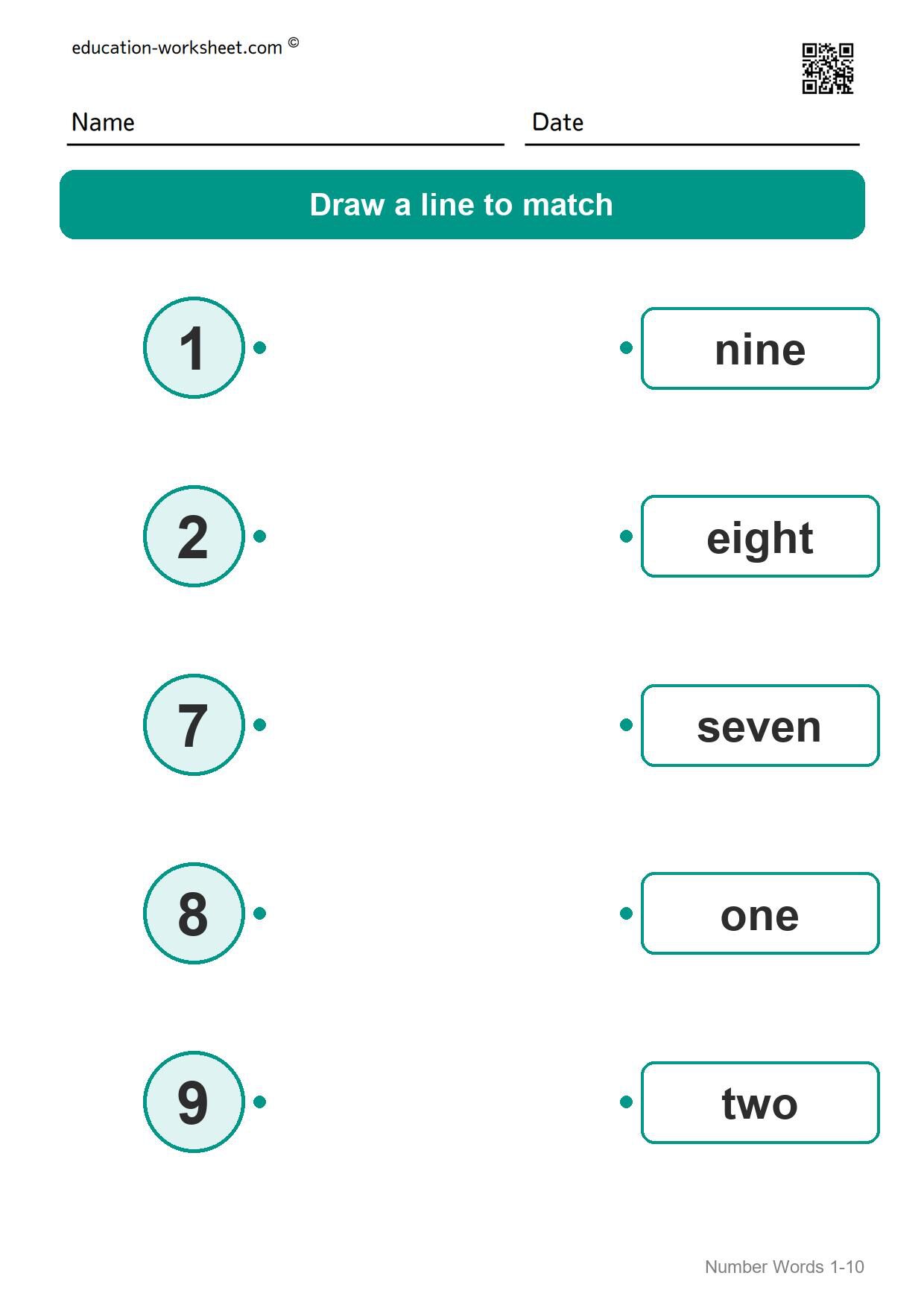 Match numbers and words (Set 6) - Free Number Words Worksheets for Kindergarten - Match Numbers 1 to 10