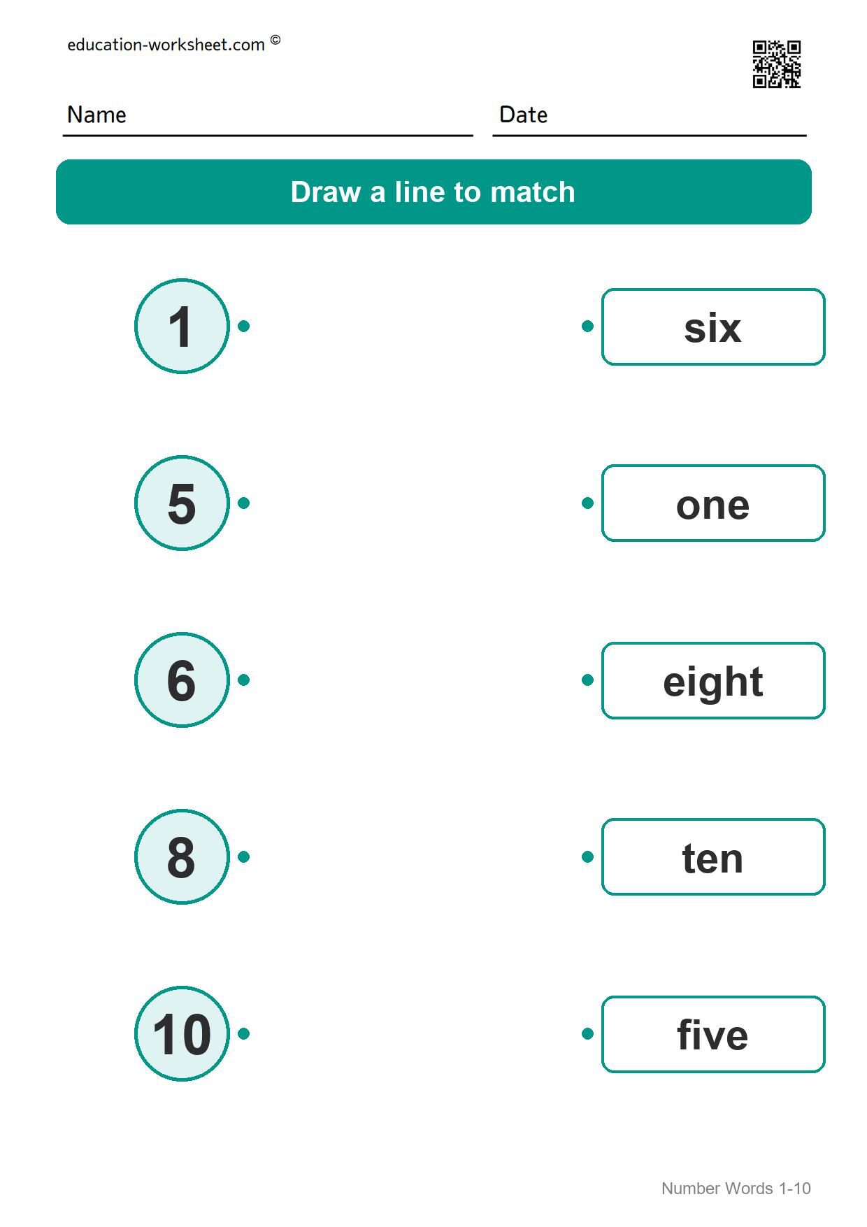 Match numbers and words (Set 7) - Free Number Words Worksheets for Kindergarten - Match Numbers 1 to 10