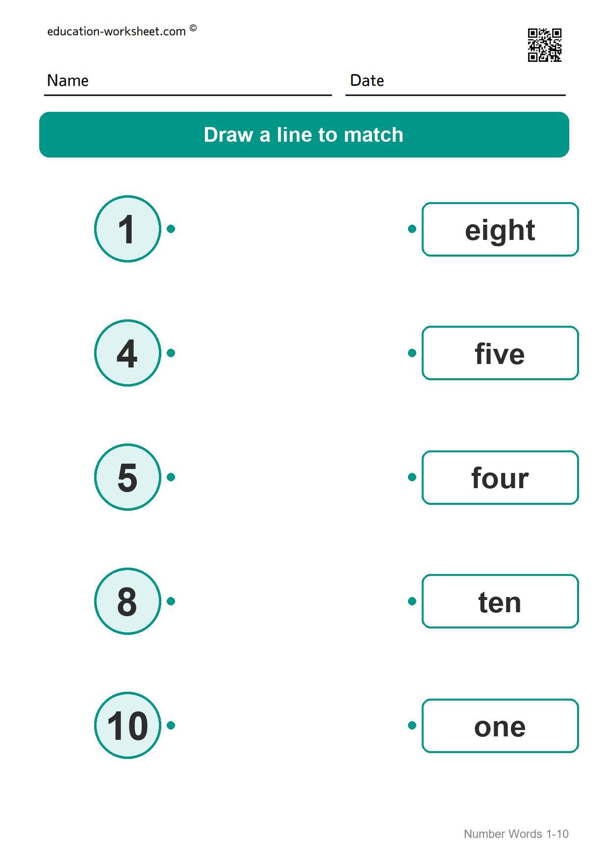 Match numbers and words (Set 8) - Free Number Words Worksheets for Kindergarten - Match Numbers 1 to 10
