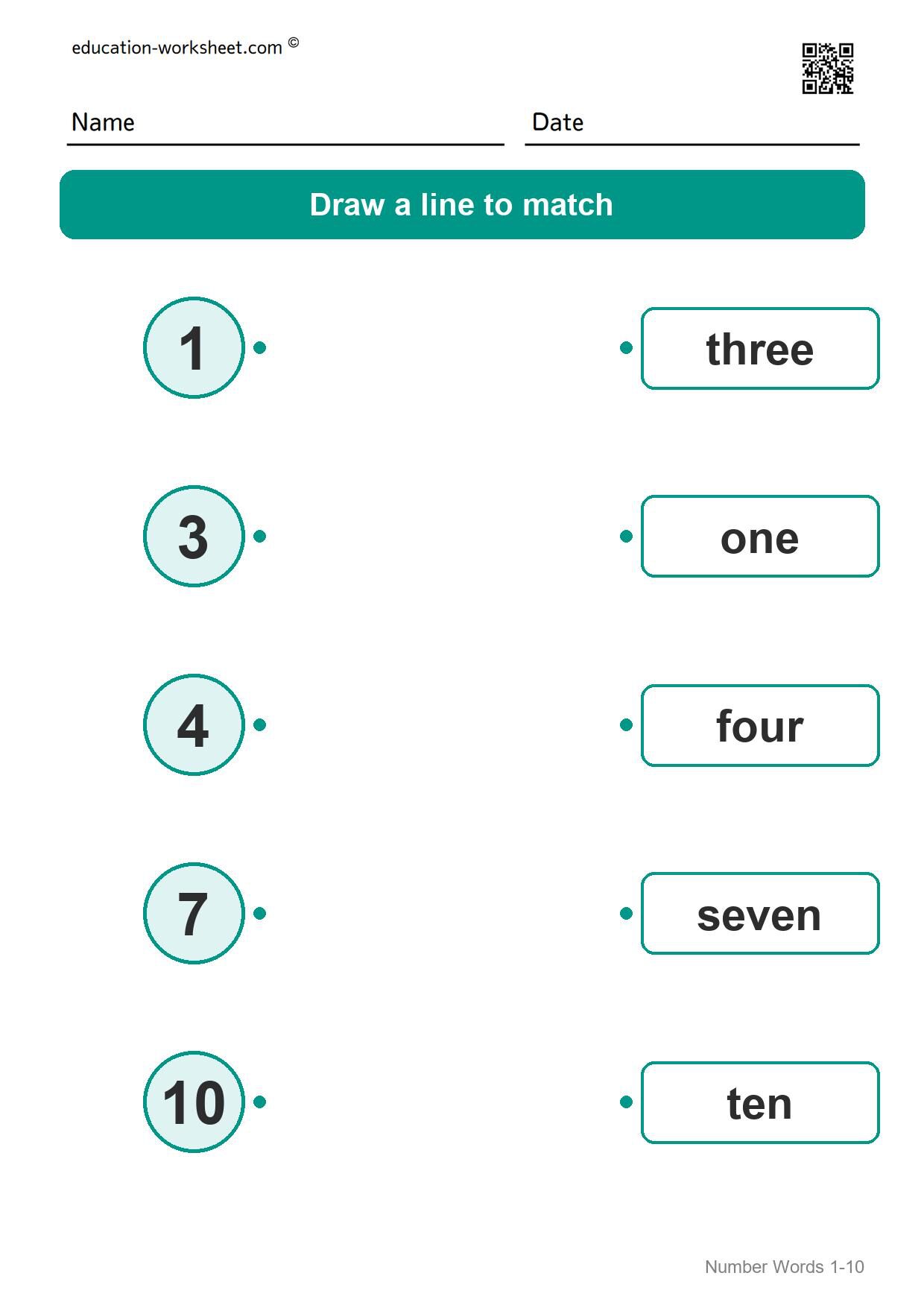Match numbers and words (Set 9) - Free Number Words Worksheets for Kindergarten - Match Numbers 1 to 10