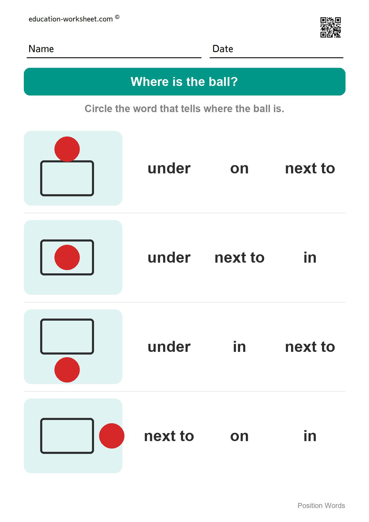 Where is the ball? (Set 1) - Free Position Words Worksheets for Kindergarten - In, On, Under