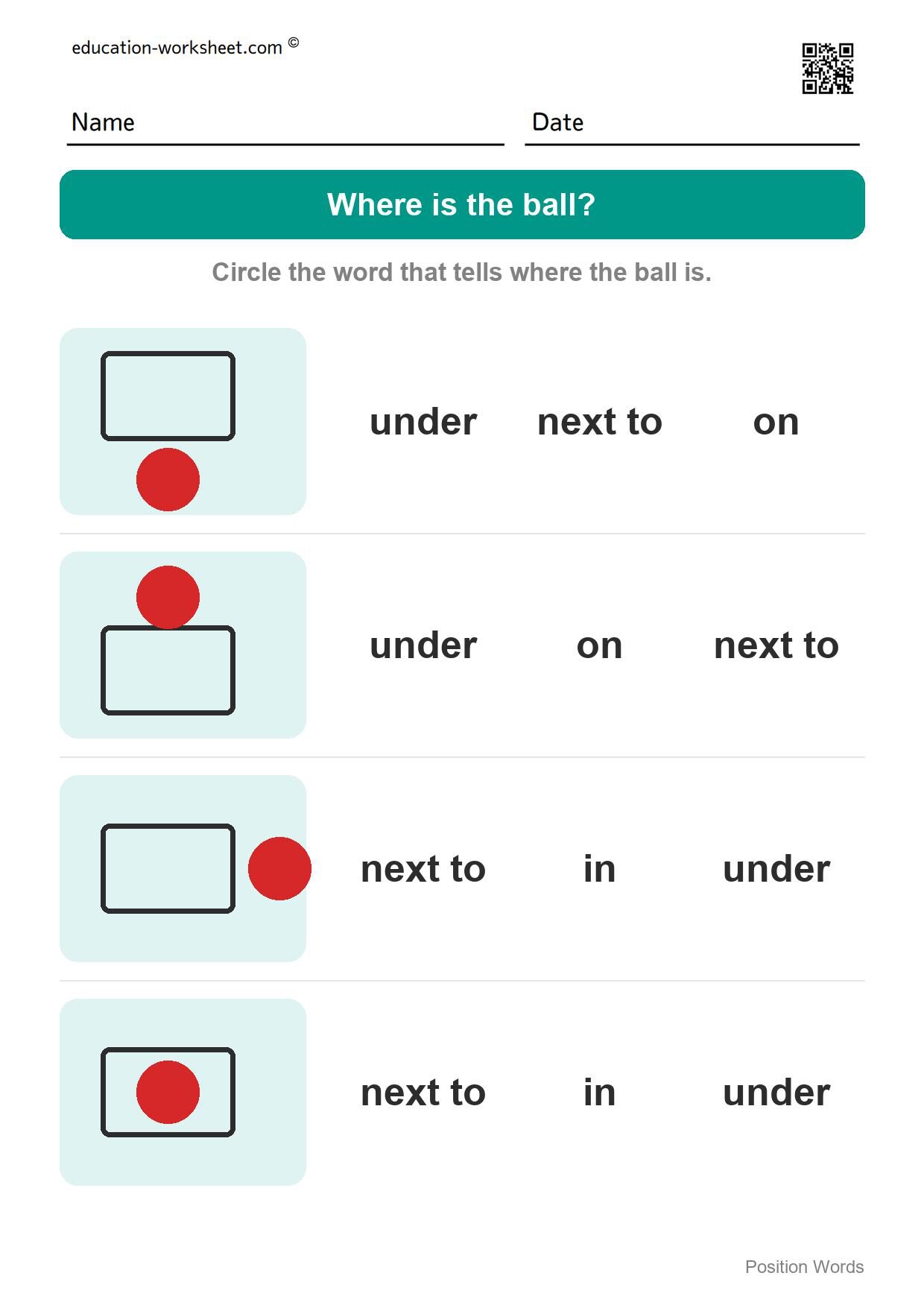 Where is the ball? (Set 10) - Free Position Words Worksheets for Kindergarten - In, On, Under