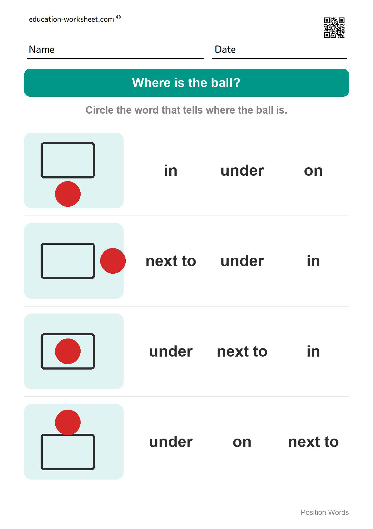 Where is the ball? (Set 2) - Free Position Words Worksheets for Kindergarten - In, On, Under