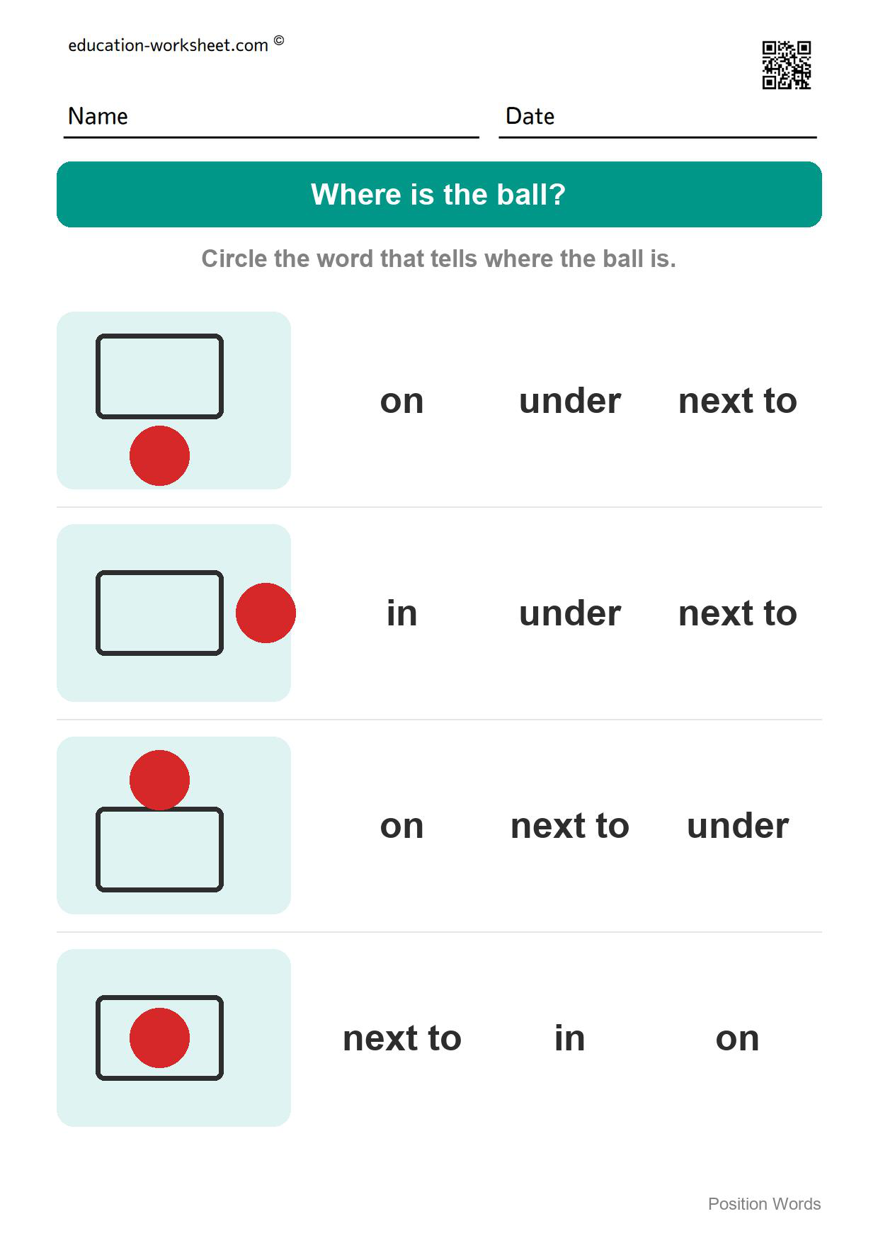 Where is the ball? (Set 3) - Free Position Words Worksheets for Kindergarten - In, On, Under