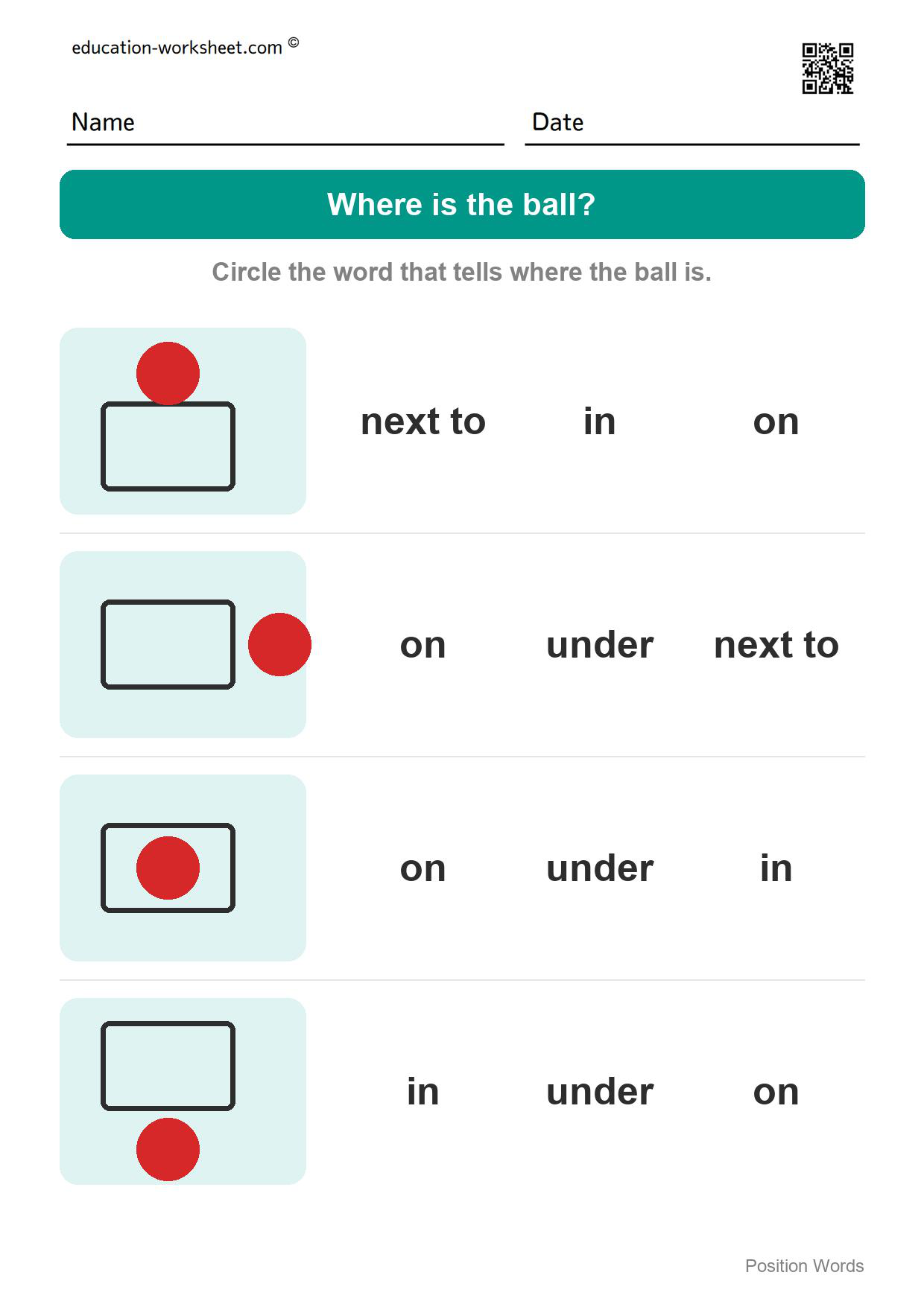 Where is the ball? (Set 4) - Free Position Words Worksheets for Kindergarten - In, On, Under
