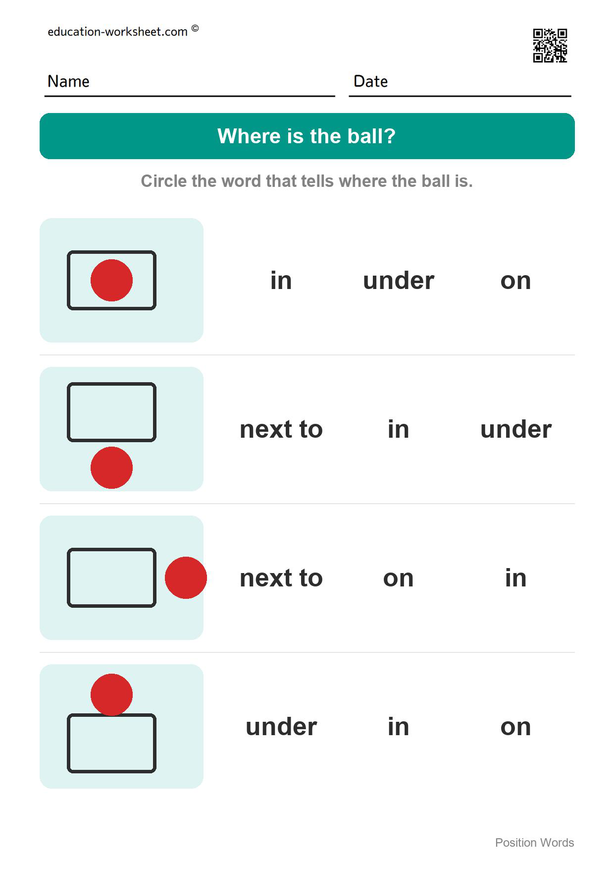 Where is the ball? (Set 5) - Free Position Words Worksheets for Kindergarten - In, On, Under