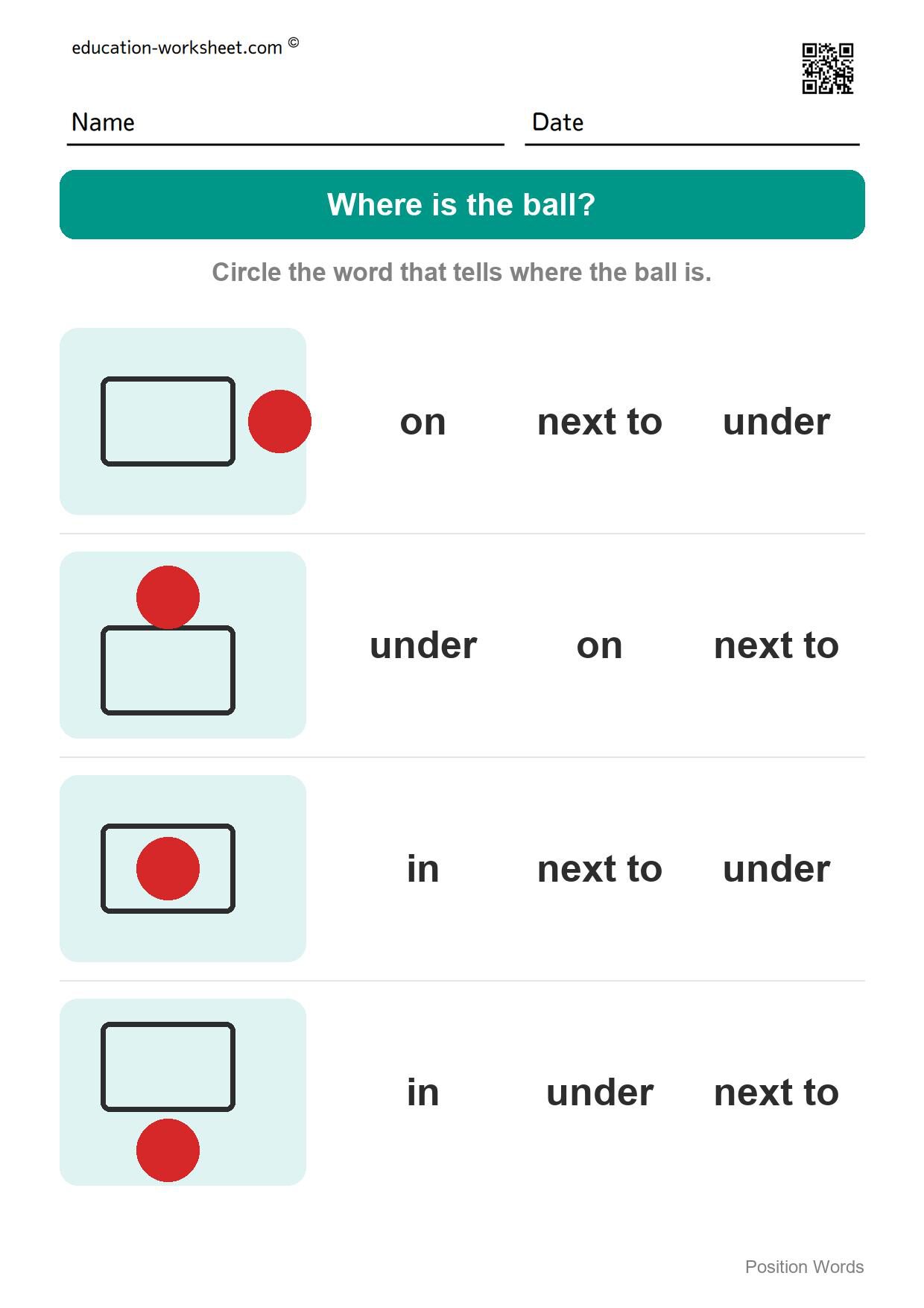 Where is the ball? (Set 6) - Free Position Words Worksheets for Kindergarten - In, On, Under
