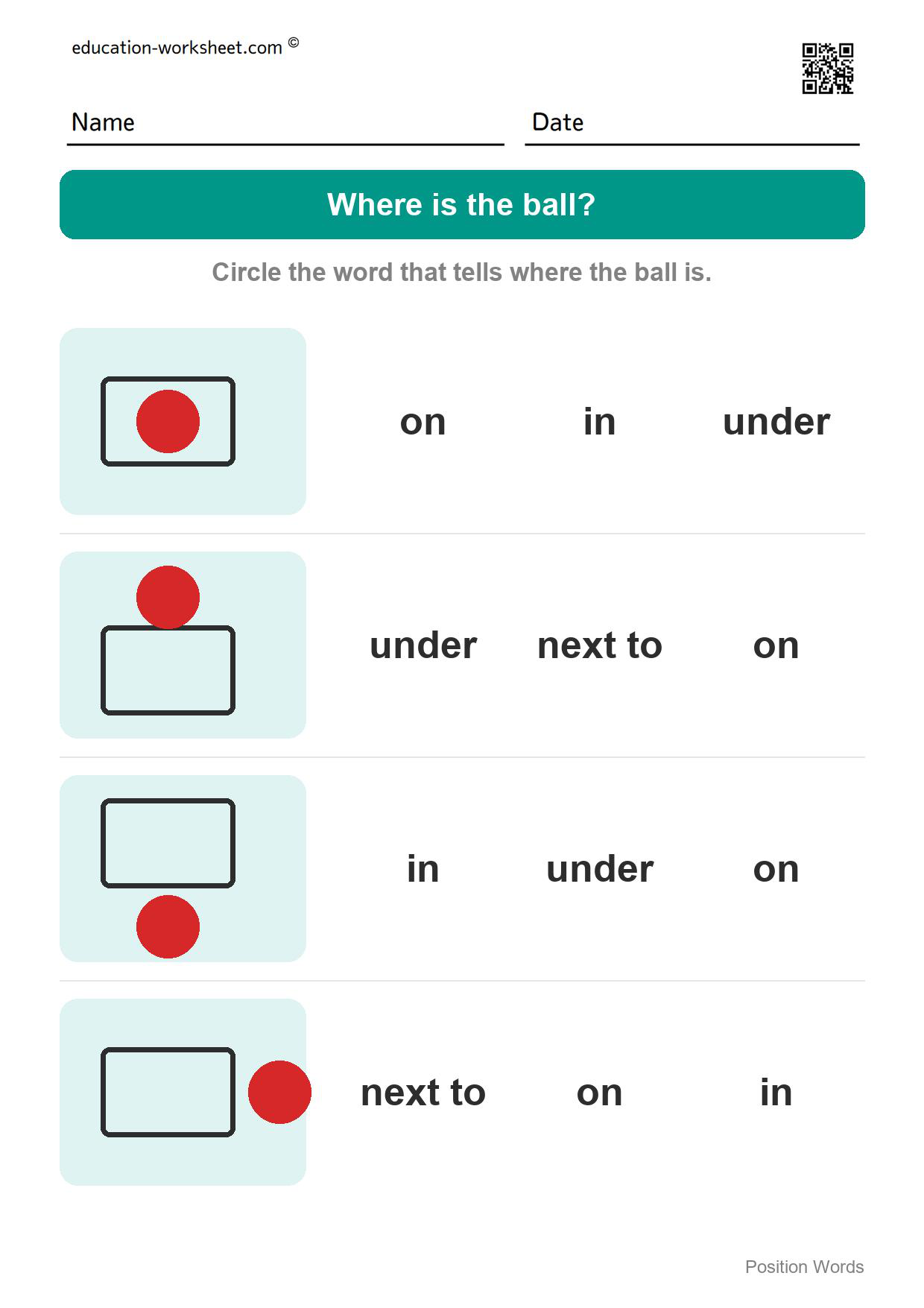 Where is the ball? (Set 7) - Free Position Words Worksheets for Kindergarten - In, On, Under