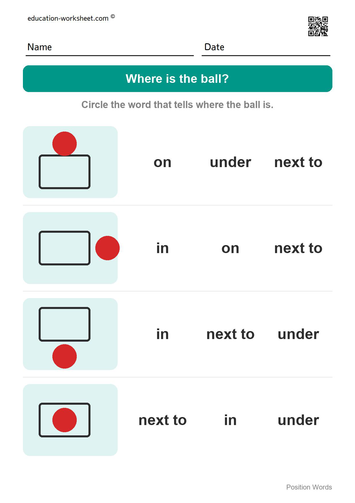 Where is the ball? (Set 8) - Free Position Words Worksheets for Kindergarten - In, On, Under