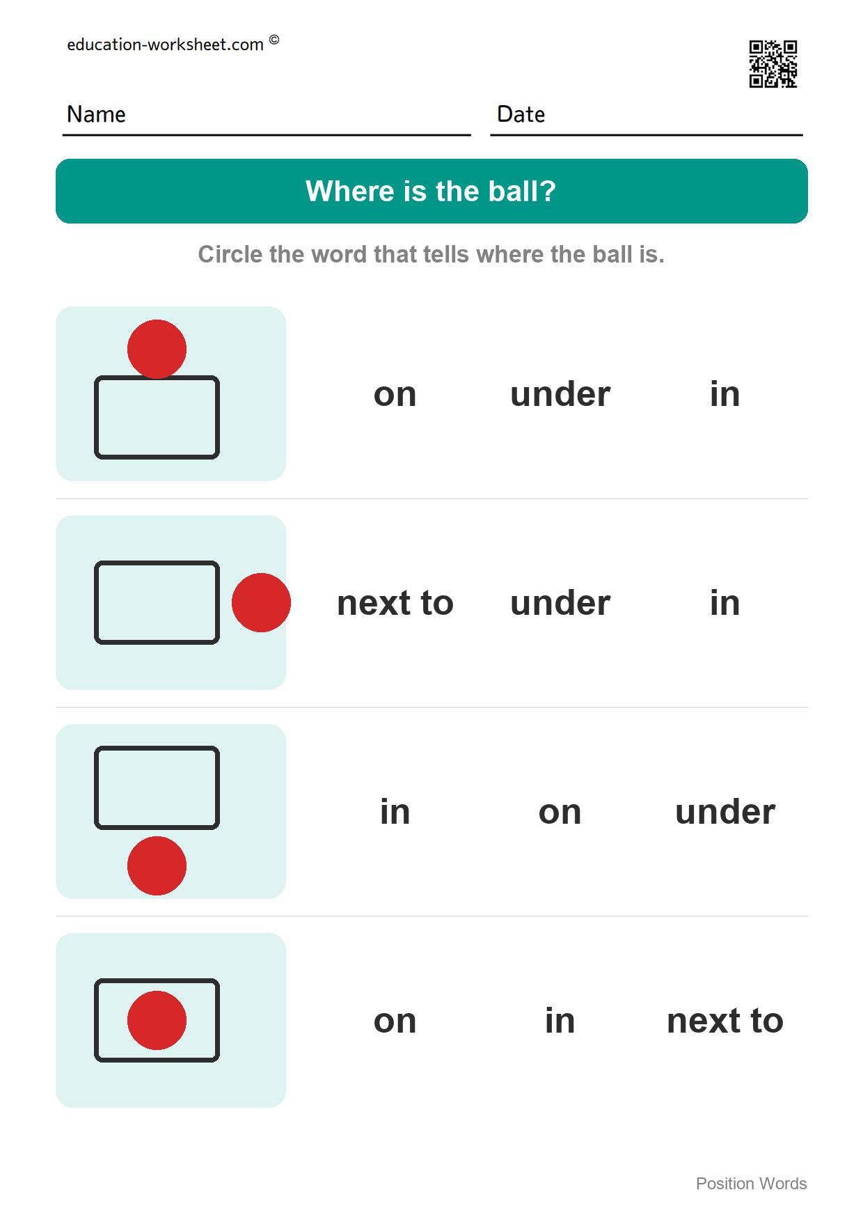 Where is the ball? (Set 9) - Free Position Words Worksheets for Kindergarten - In, On, Under