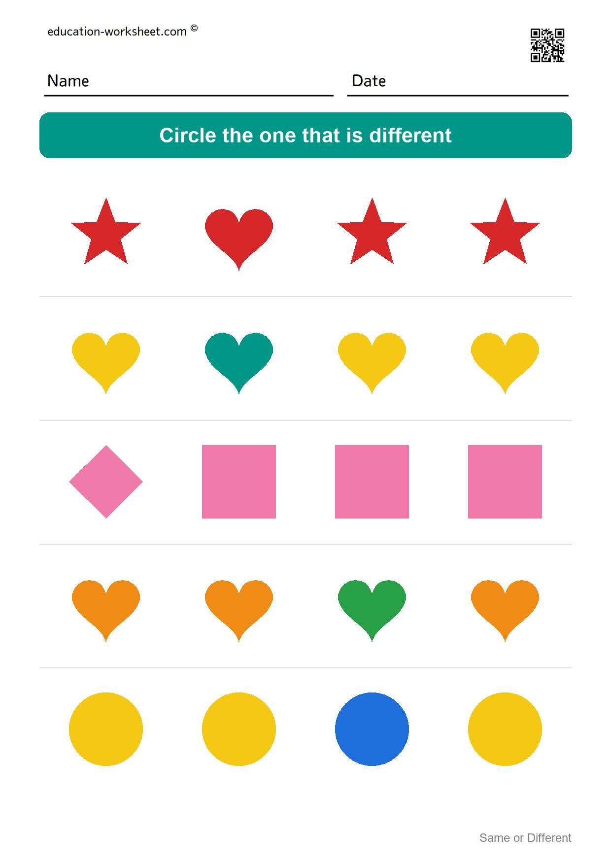 Circle the different one (Set 1) - Free Same or Different Worksheets for Kindergarten - Odd One Out