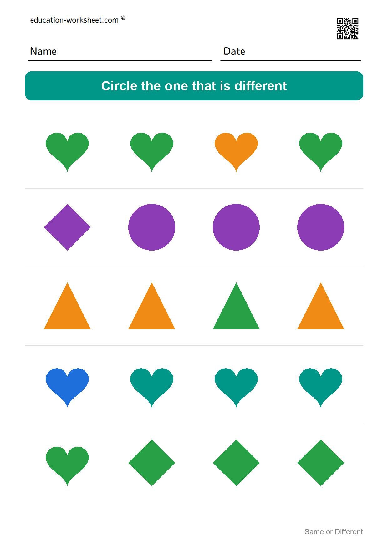 Circle the different one (Set 2) - Free Same or Different Worksheets for Kindergarten - Odd One Out