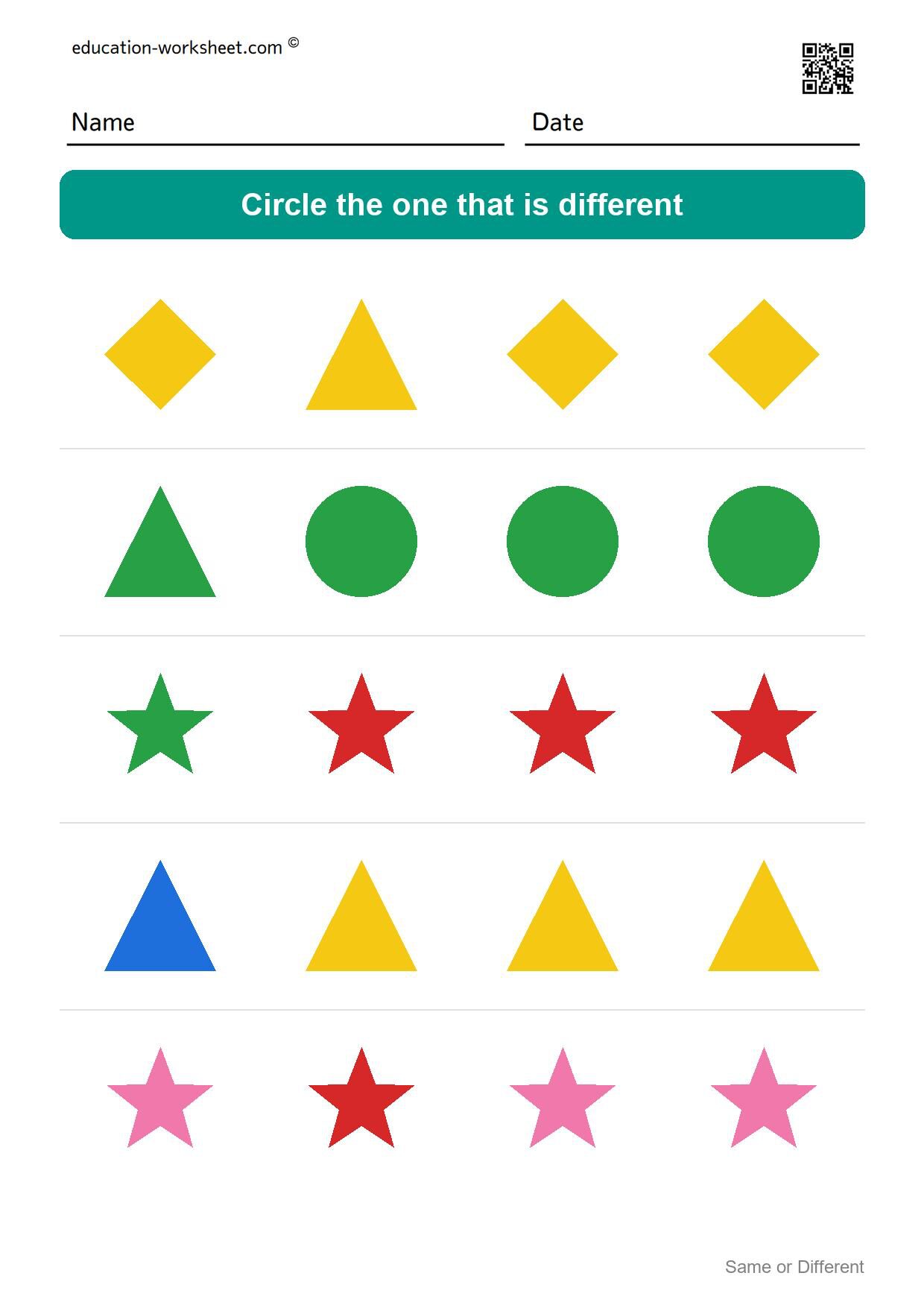 Circle the different one (Set 3) - Free Same or Different Worksheets for Kindergarten - Odd One Out