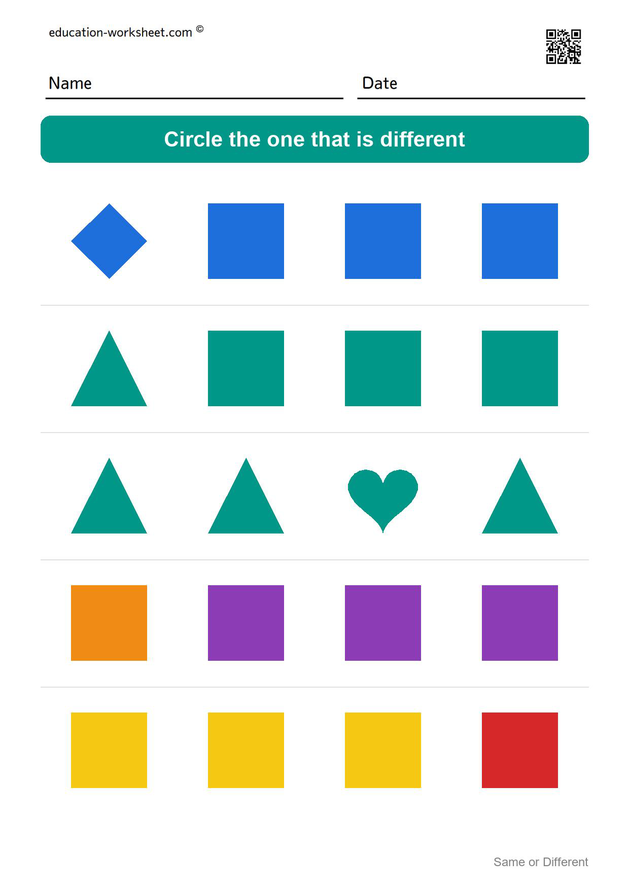 Circle the different one (Set 5) - Free Same or Different Worksheets for Kindergarten - Odd One Out