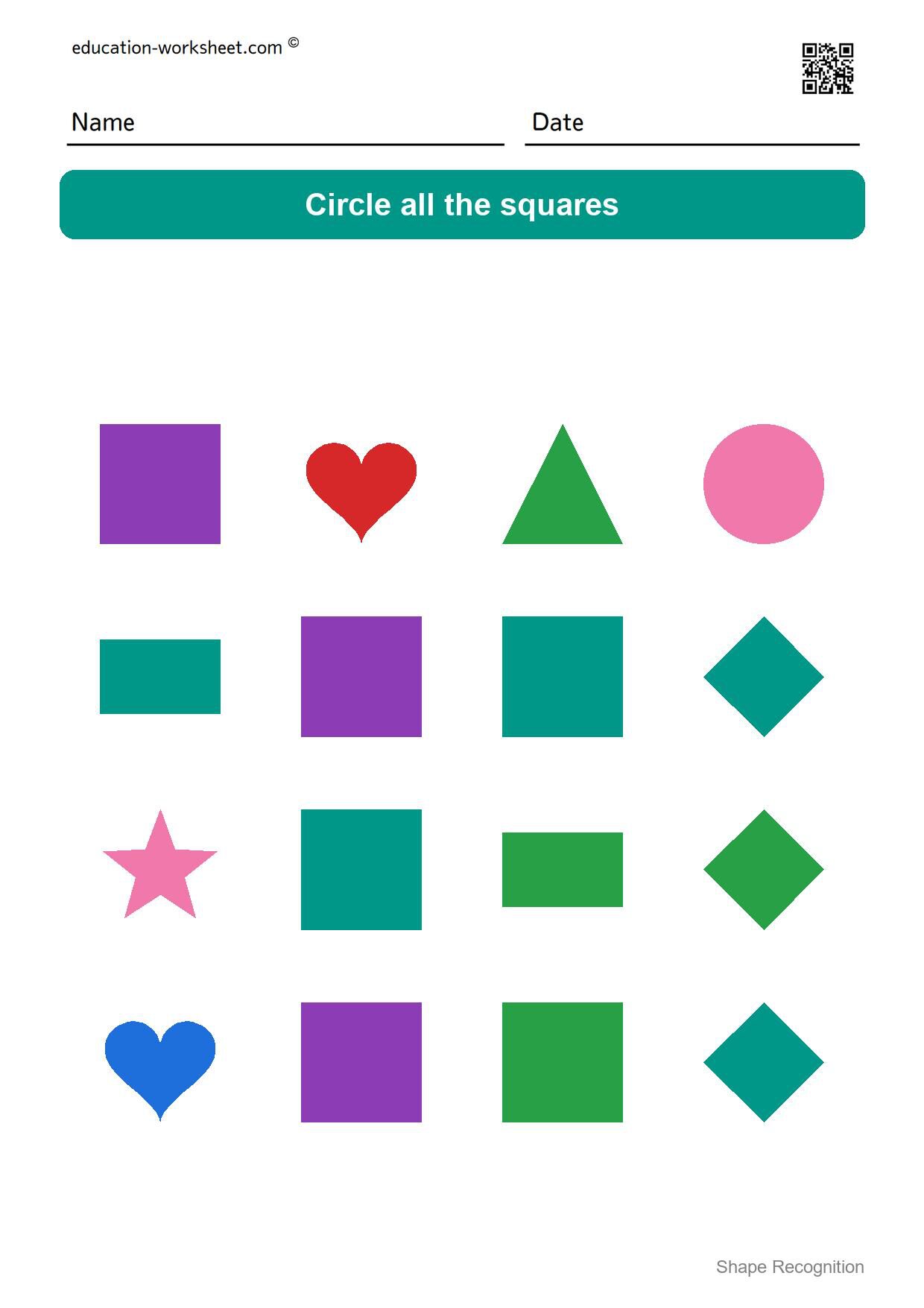 Circle the squares - Free Shape Recognition Worksheets for Kindergarten - Circle the Shapes