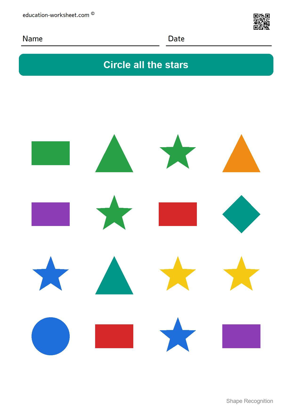 Circle the stars - Free Shape Recognition Worksheets for Kindergarten - Circle the Shapes