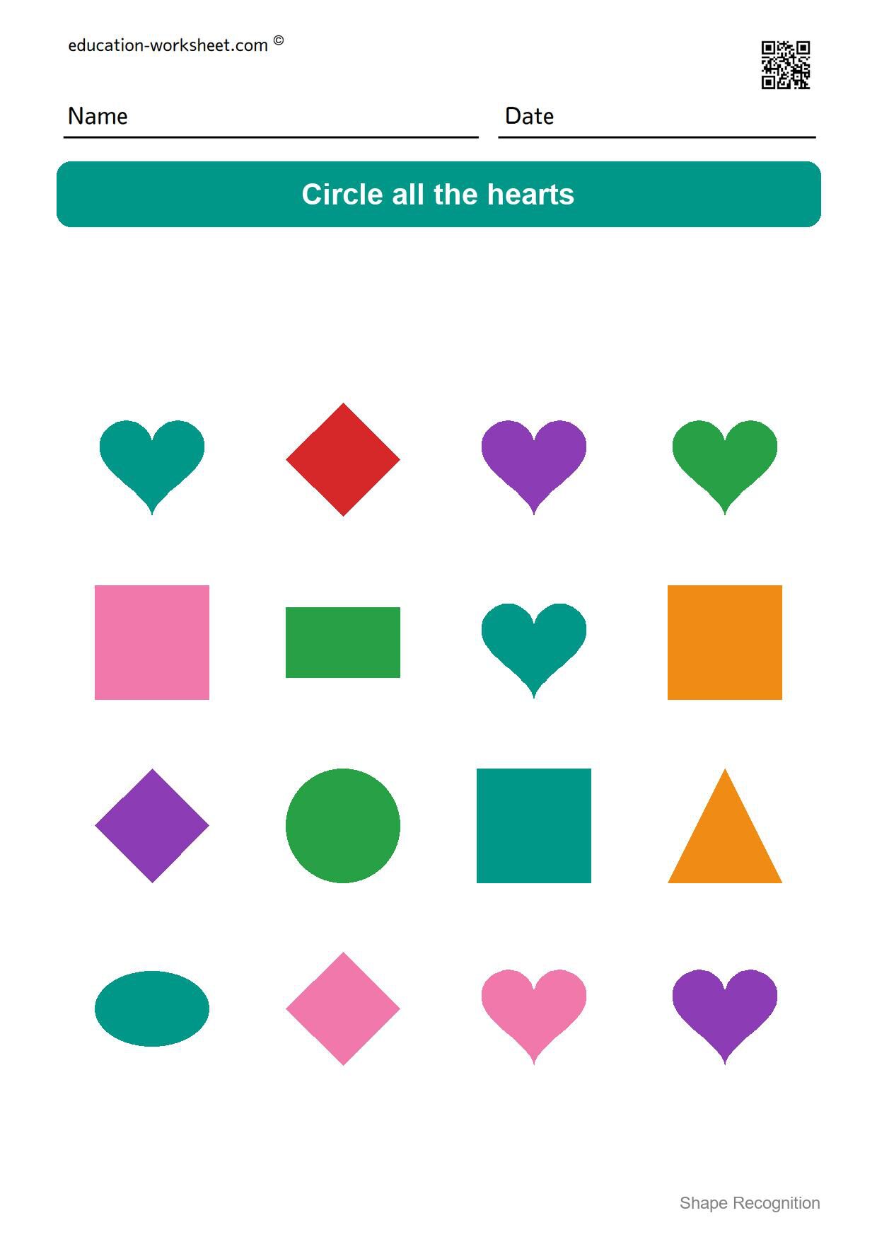 Circle the hearts - Free Shape Recognition Worksheets for Kindergarten - Circle the Shapes
