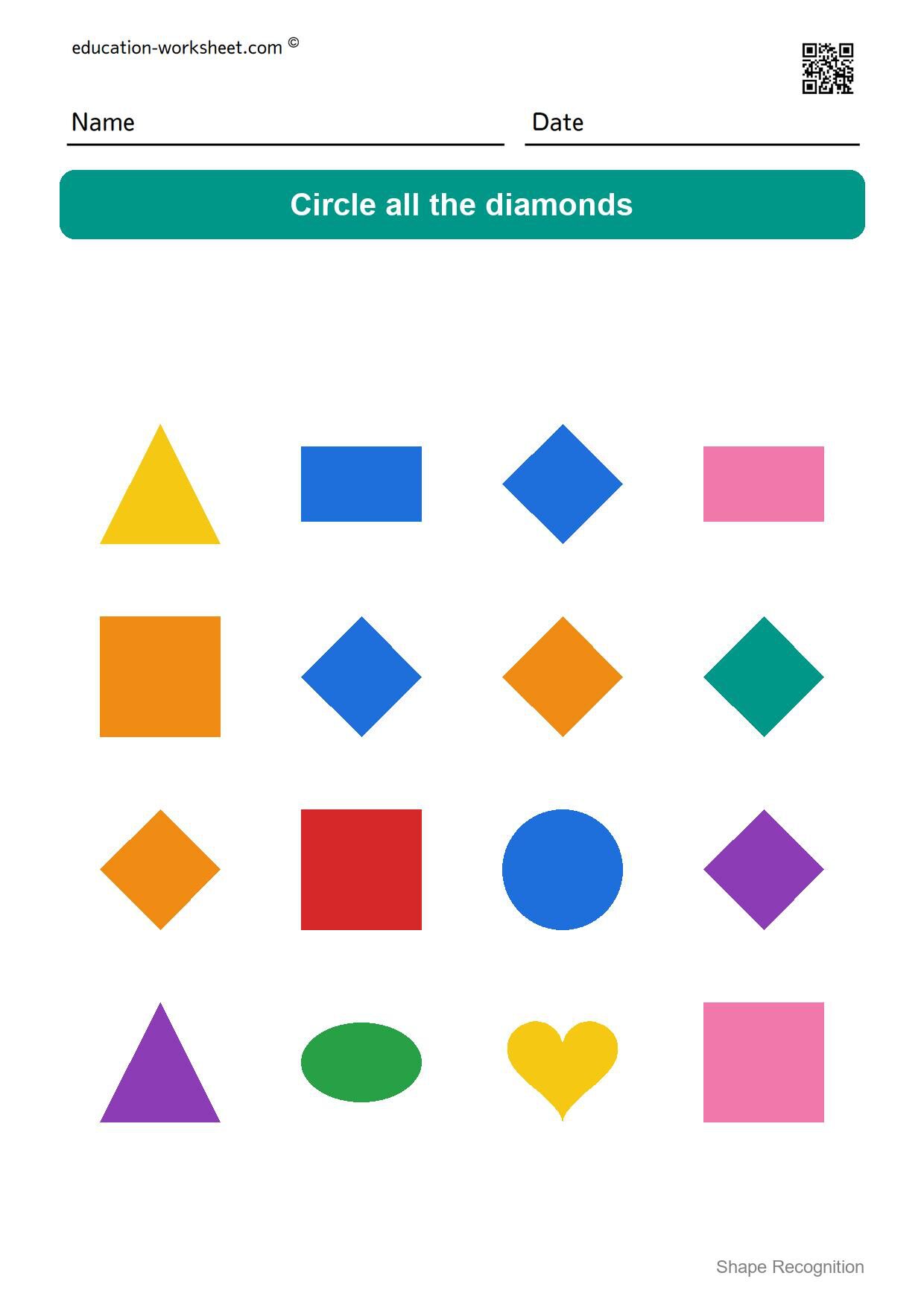 Circle the diamonds - Free Shape Recognition Worksheets for Kindergarten - Circle the Shapes