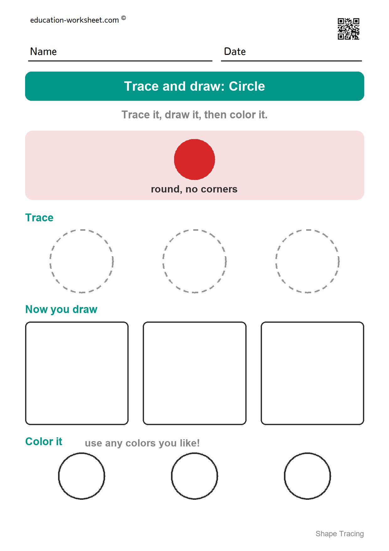 Trace and draw: Circle - Free Shape Tracing Worksheets for Preschool and Kindergarten