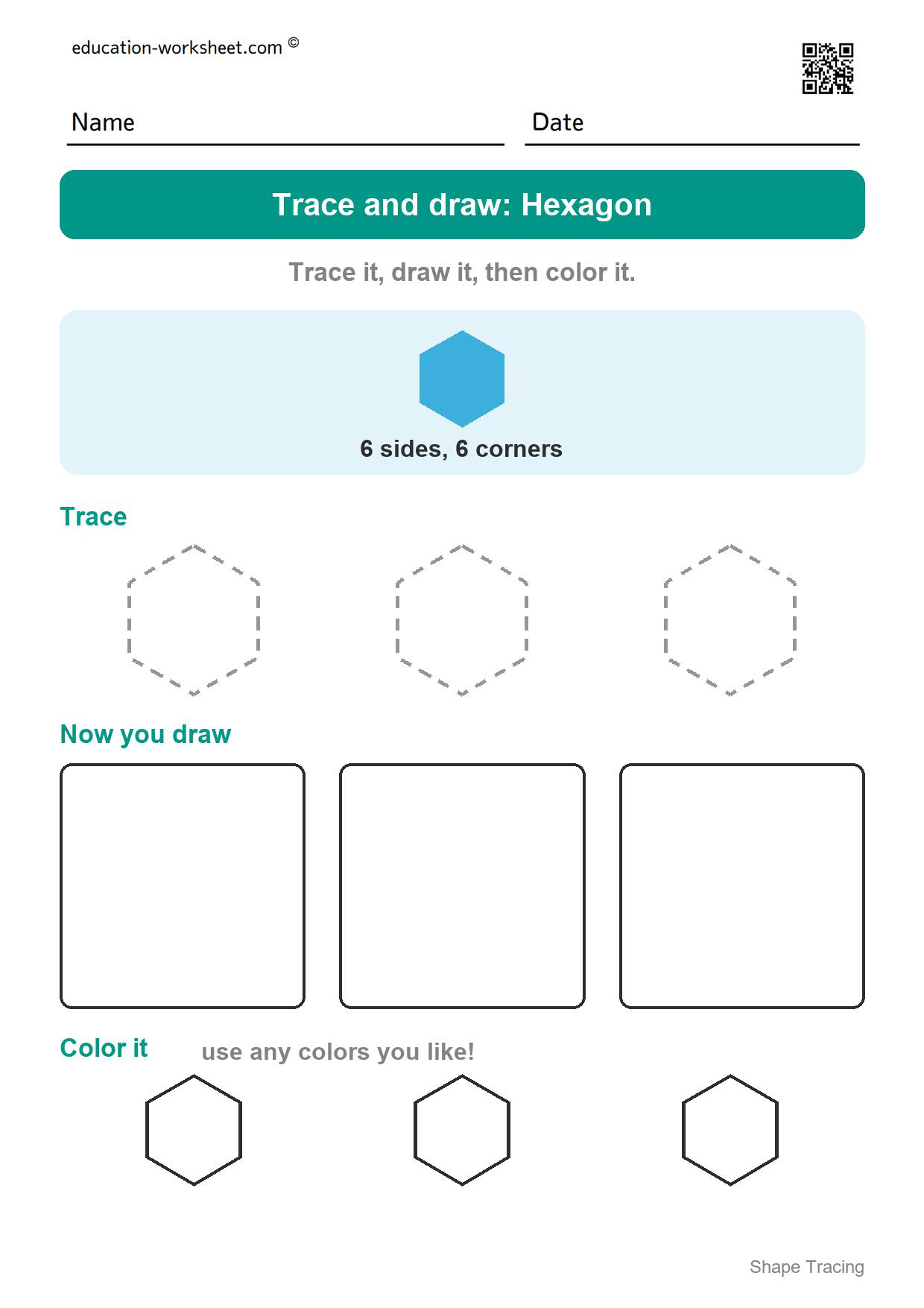 Trace and draw: Hexagon - Free Shape Tracing Worksheets for Preschool and Kindergarten