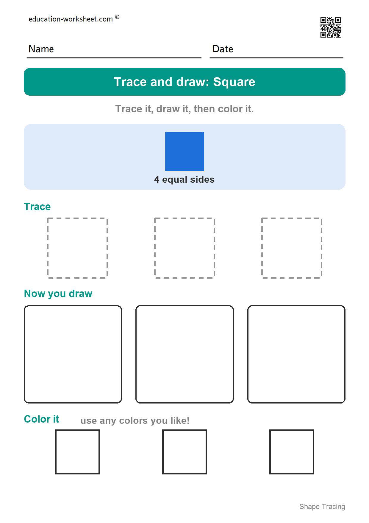 Trace and draw: Square - Free Shape Tracing Worksheets for Preschool and Kindergarten