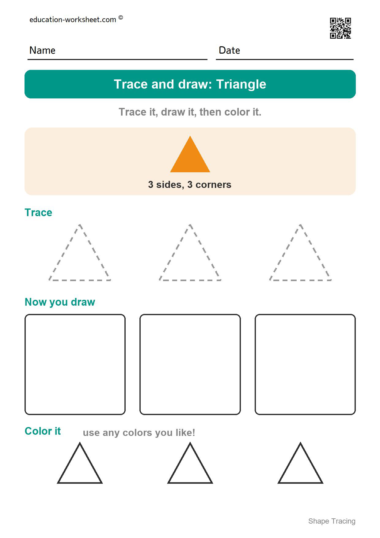 Trace and draw: Triangle - Free Shape Tracing Worksheets for Preschool and Kindergarten