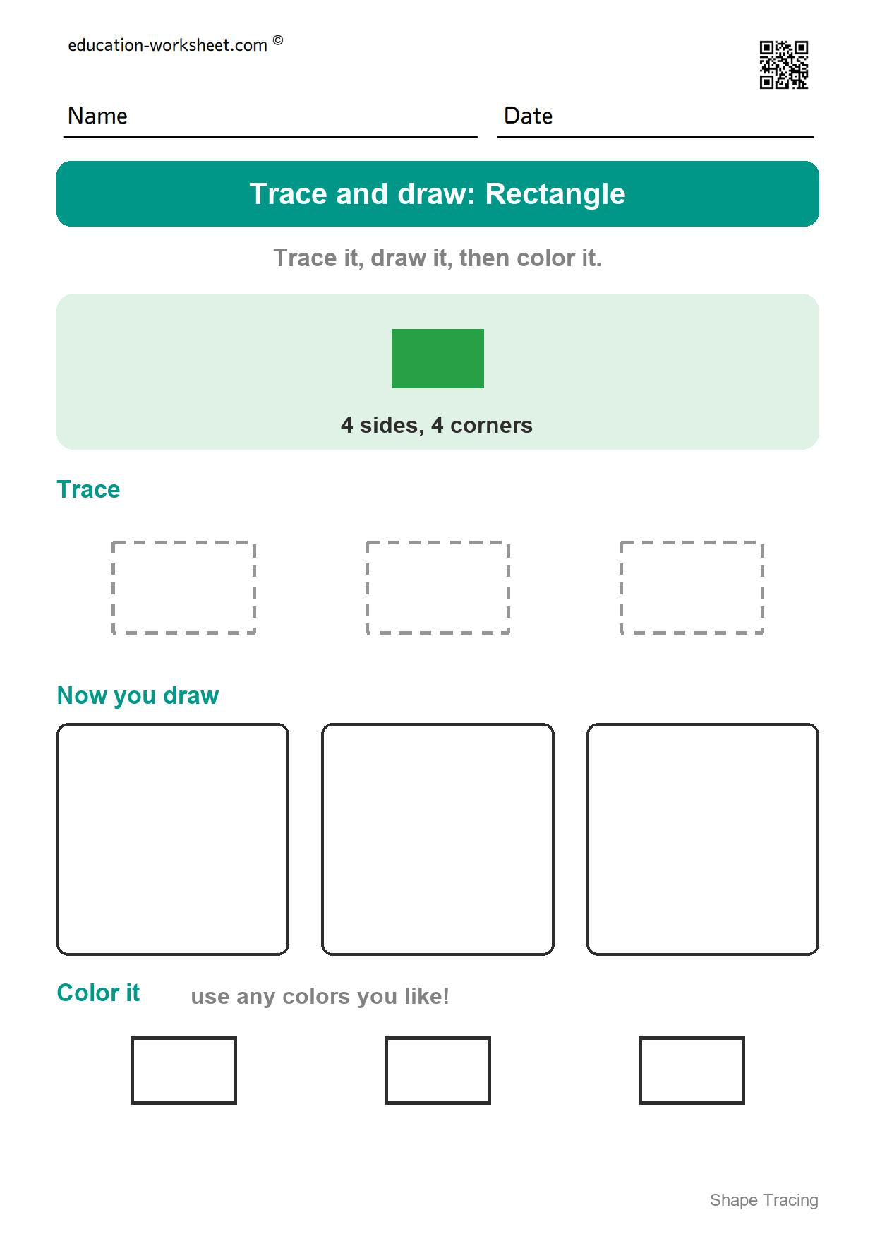 Trace and draw: Rectangle - Free Shape Tracing Worksheets for Preschool and Kindergarten