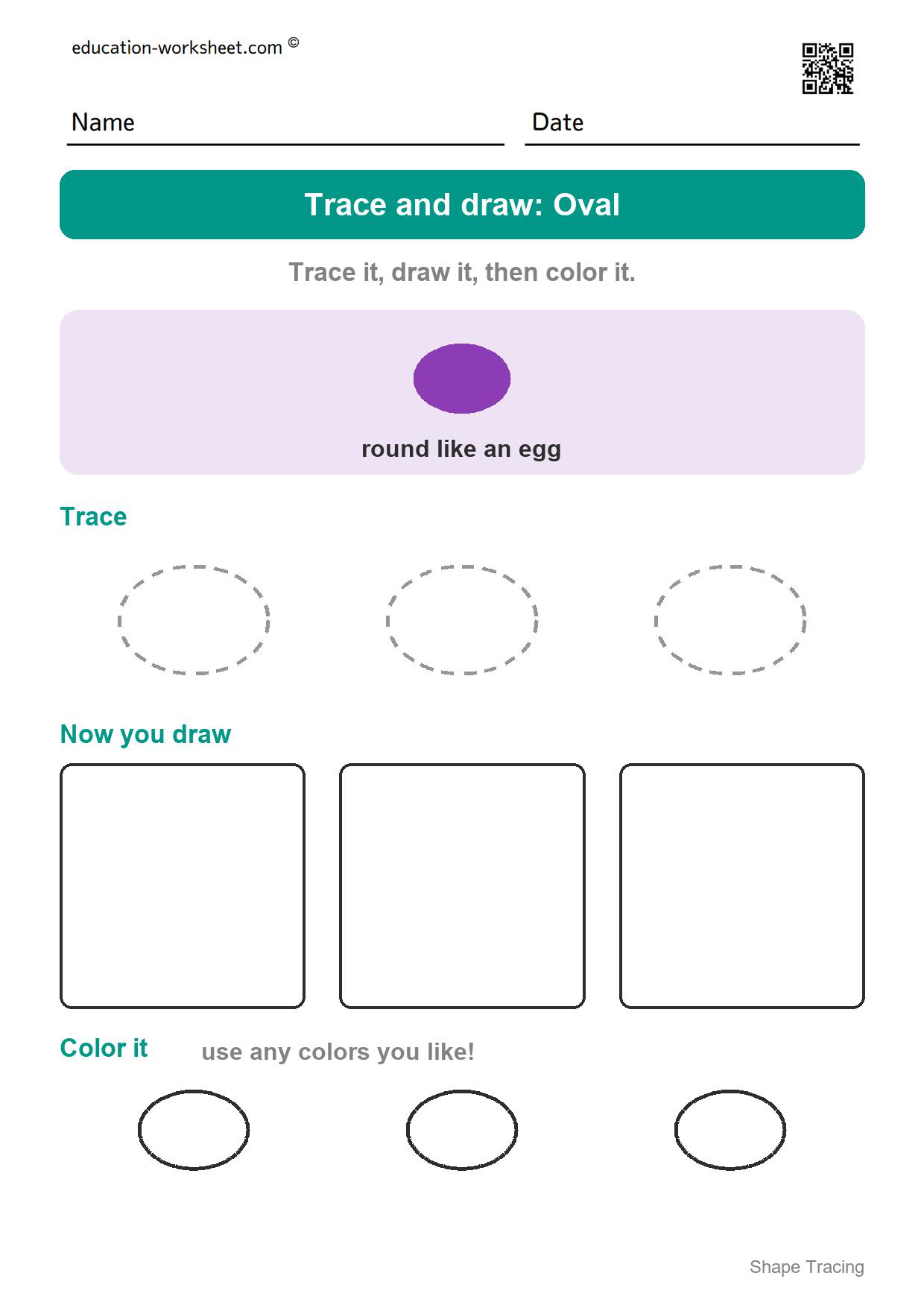 Trace and draw: Oval - Free Shape Tracing Worksheets for Preschool and Kindergarten