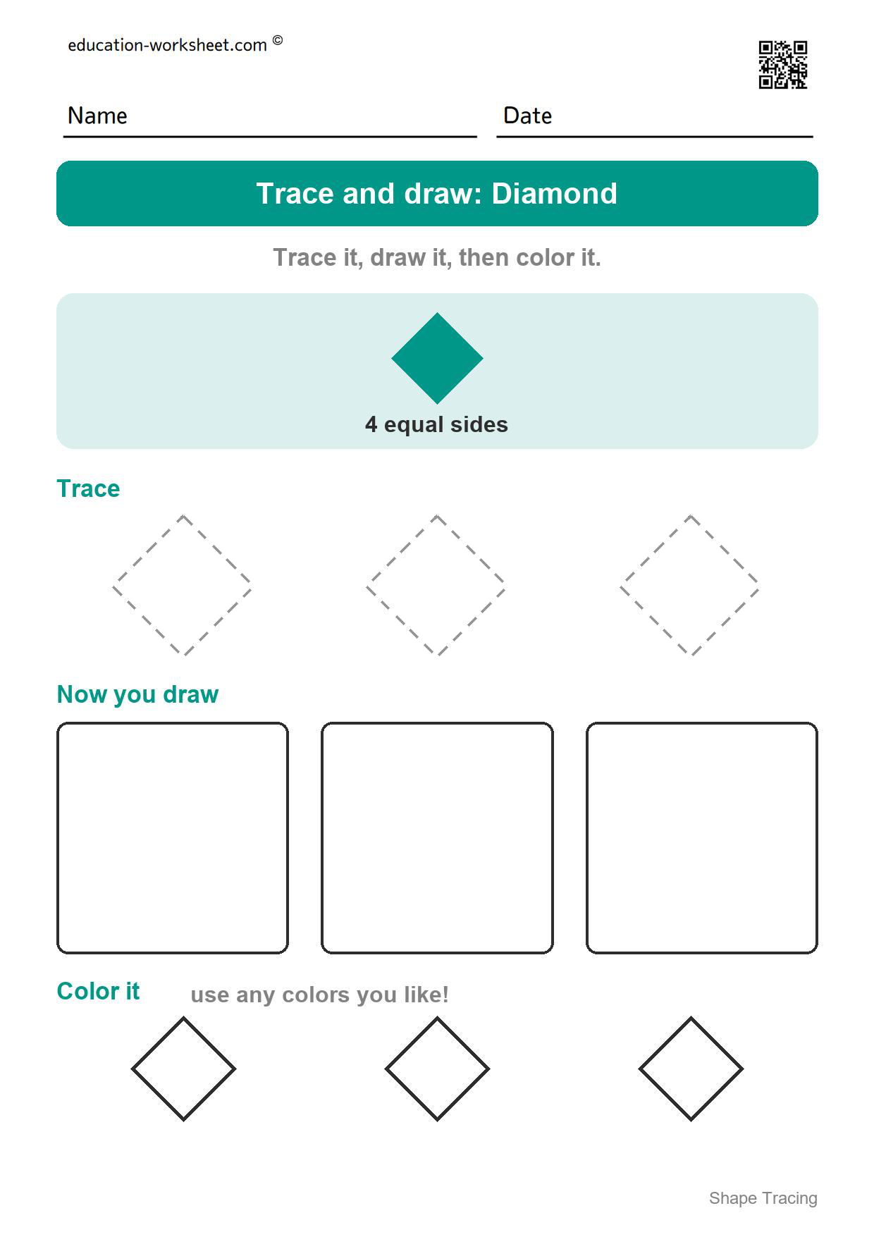 Trace and draw: Diamond - Free Shape Tracing Worksheets for Preschool and Kindergarten