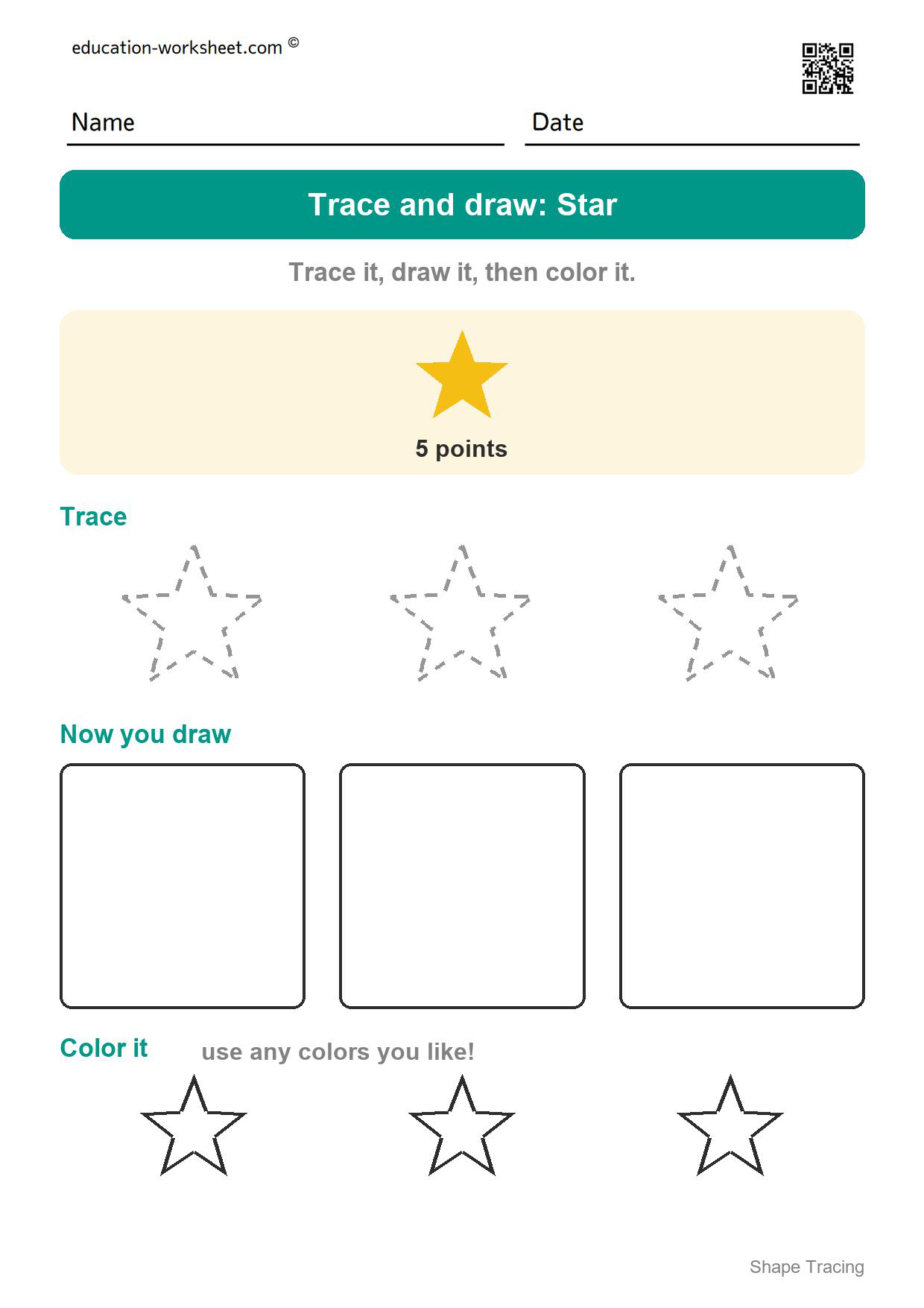 Trace and draw: Star - Free Shape Tracing Worksheets for Preschool and Kindergarten